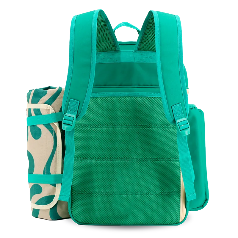 J World Picnic Backpack with Insulated Compartments & Picnic Mat in Green — back view # color_Green