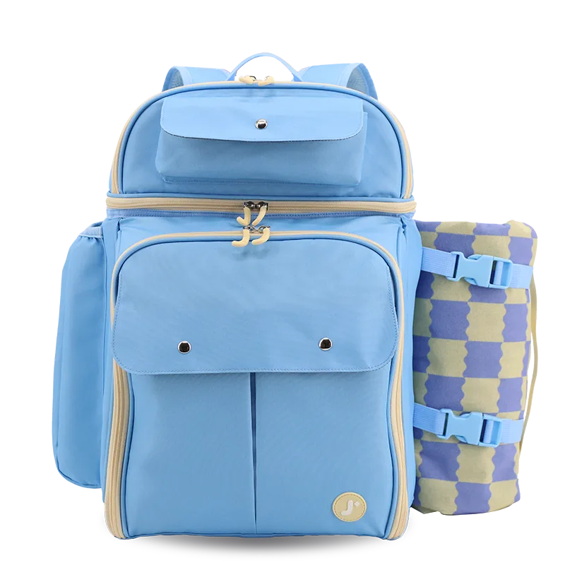 J World Picnic Backpack with Insulated Compartments & Picnic Mat in Sky Blue — front view # color_Sky Blue