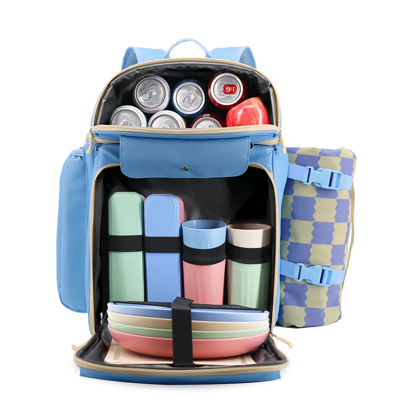 J World Picnic Backpack with Insulated Compartments & Picnic Mat in Sky Blue — interior view # color_Sky Blue