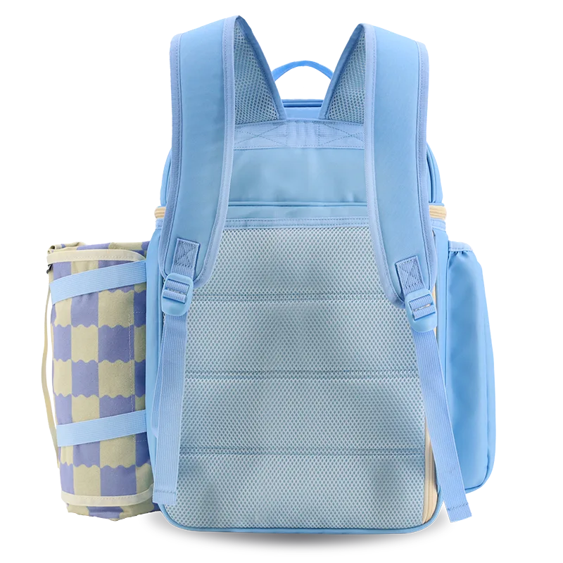 J World Picnic Backpack with Insulated Compartments & Picnic Mat in Sky Blue — back view # color_Sky Blue