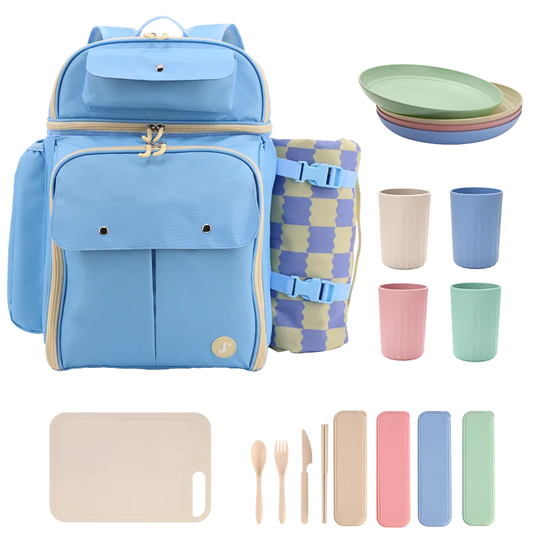 J World Picnic Backpack with Insulated Compartments & Picnic Mat in Sky Blue — front view 2 # color_Sky Blue
