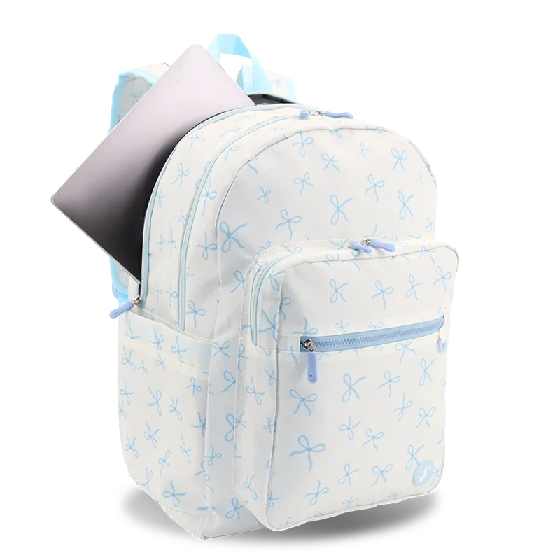 J World Zenpack Laptop Backpack in Blue Bows — angle view 2 # color_Blue Bows