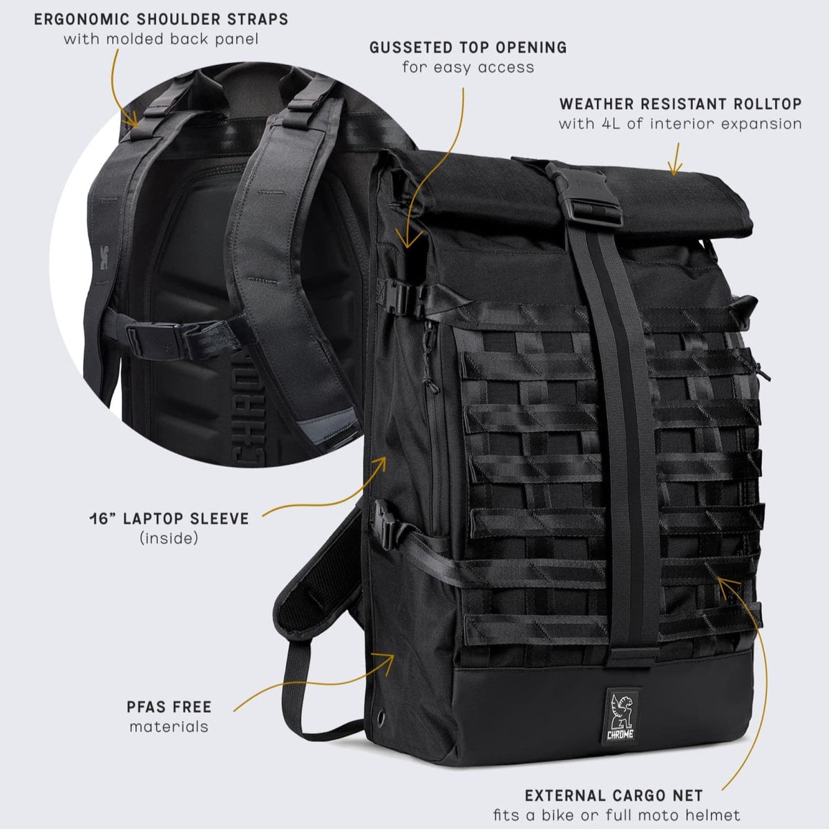Chrome Industries Barrage Pack 34L in Black — detail view
