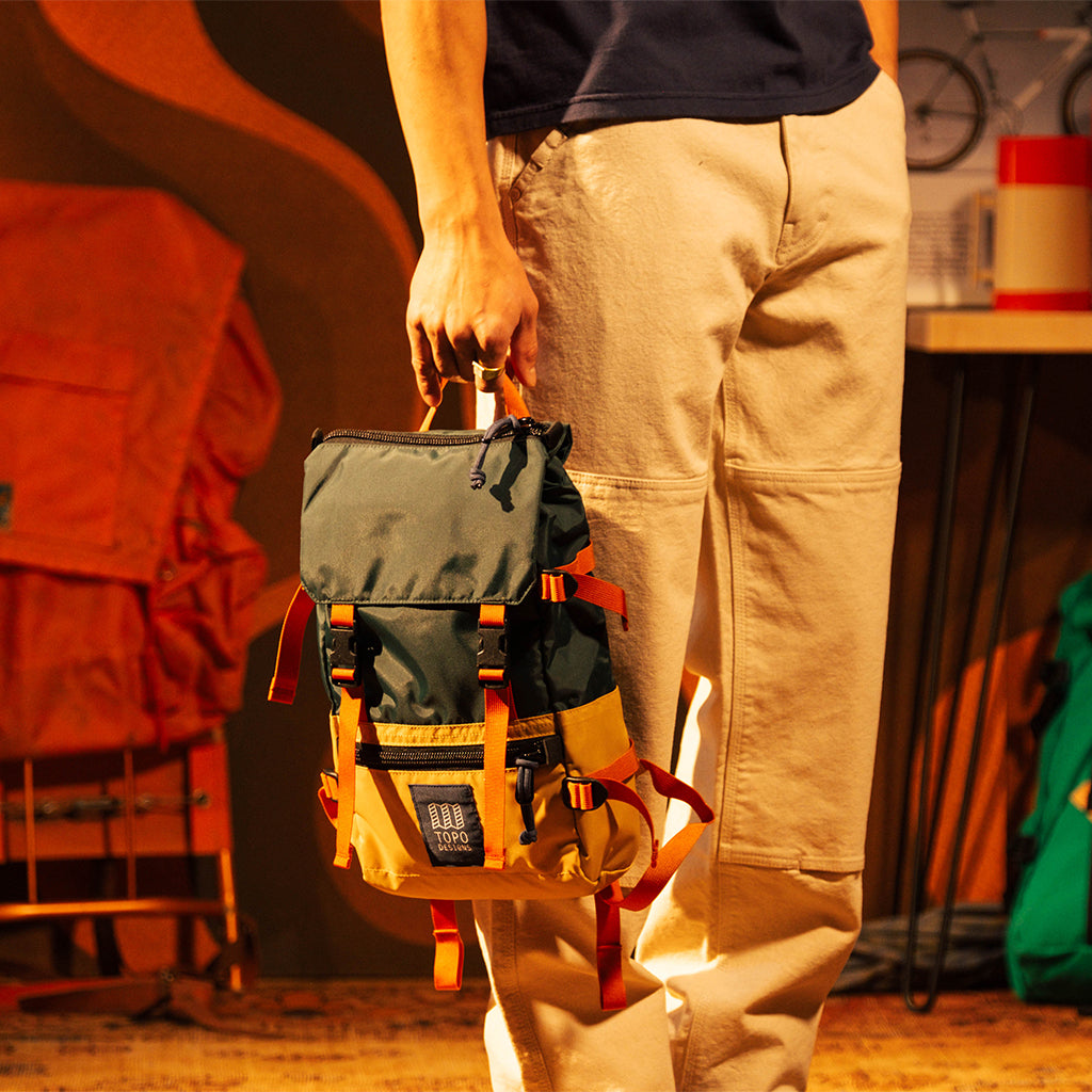 Topo Designs Rover Pack Mini in Forest Goldenrod — lifestyle 3 # color_Forest Goldenrod