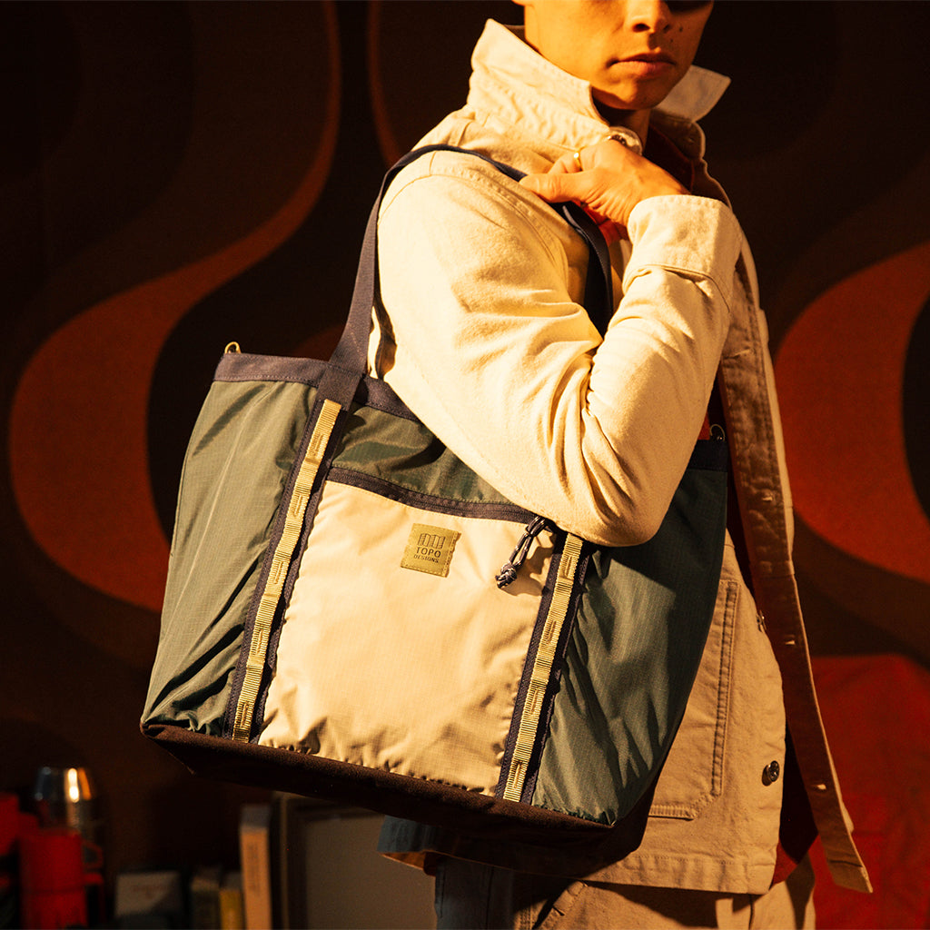 Topo Designs Mountain Utility Tote in Forest Bone White — lifestyle 2 # color_Forest Bone White