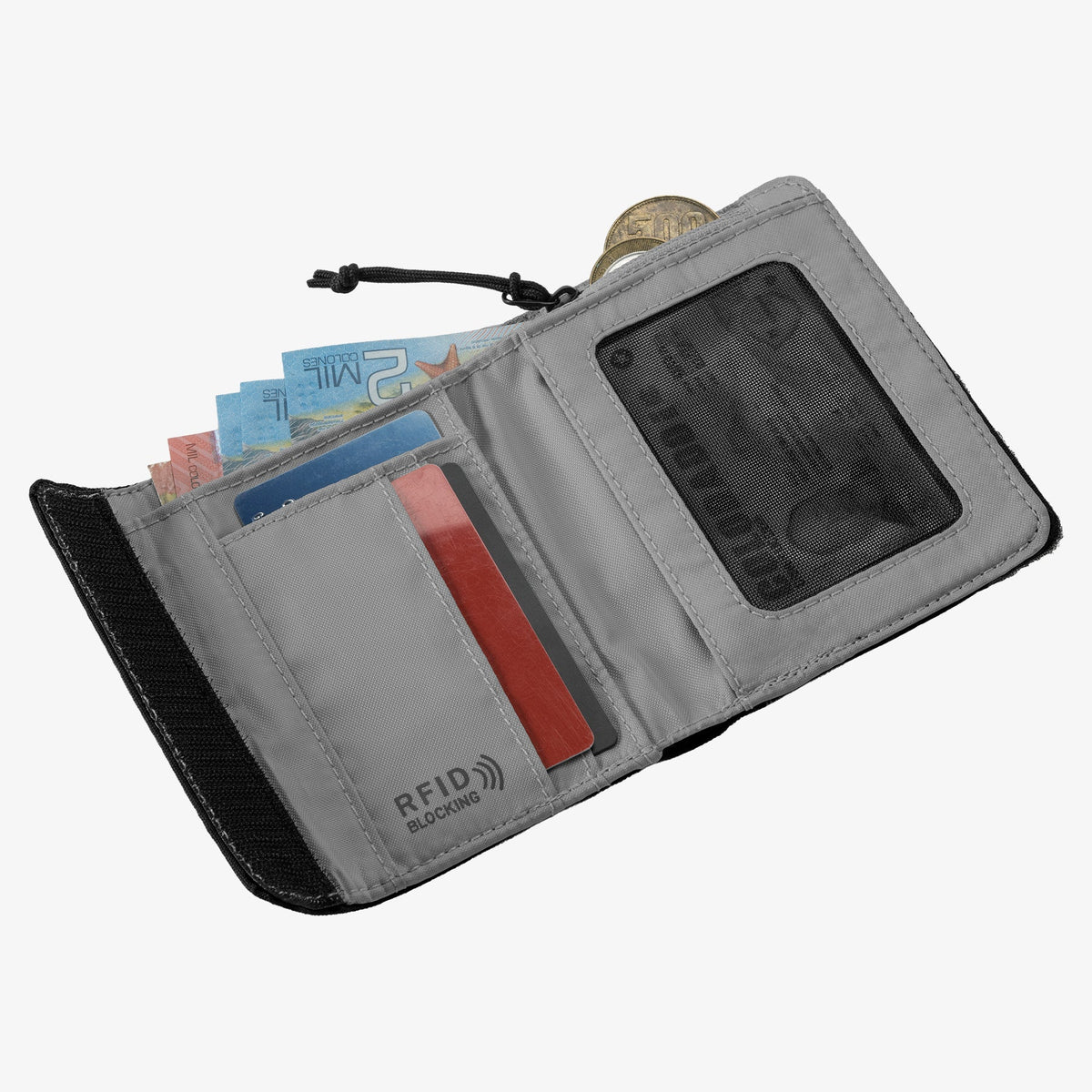 Eagle Creek Stash RFID Trifold Wallet in Black — angle view 3 # color_Black