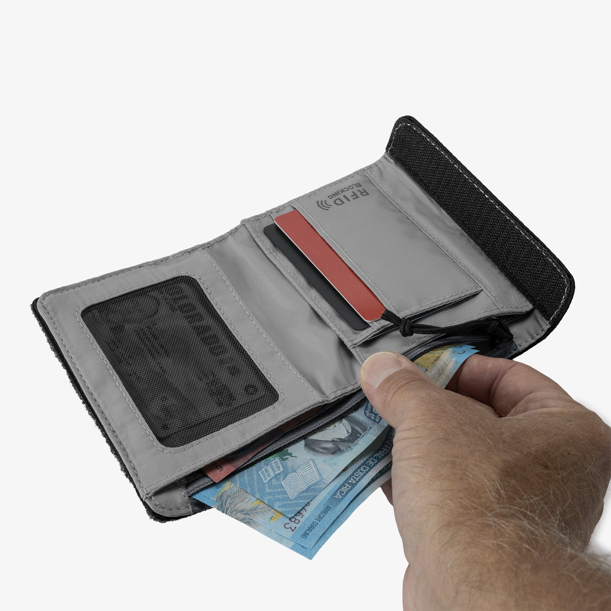 Eagle Creek Stash RFID Trifold Wallet in Black — interior view # color_Black