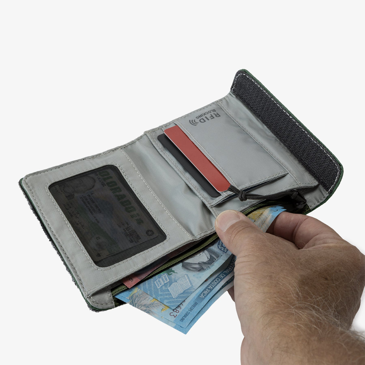 Eagle Creek Stash RFID Trifold Wallet in Grass Green — interior view # color_Grass Green