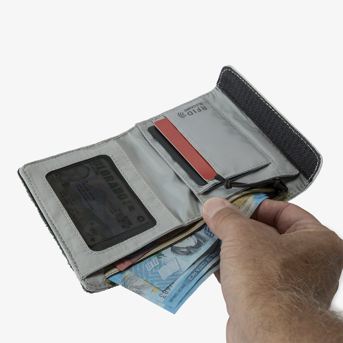 Eagle Creek Stash RFID Trifold Wallet in Storm Grey — interior view # color_Storm Grey