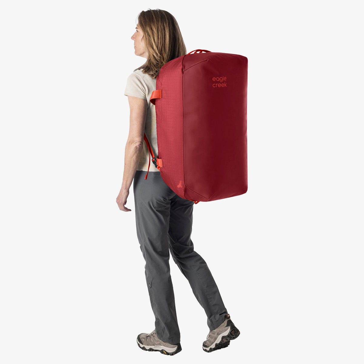 Eagle Creek No Matter What 90L Duffel Bag in Cranberry Red — detail view # color_Cranberry Red