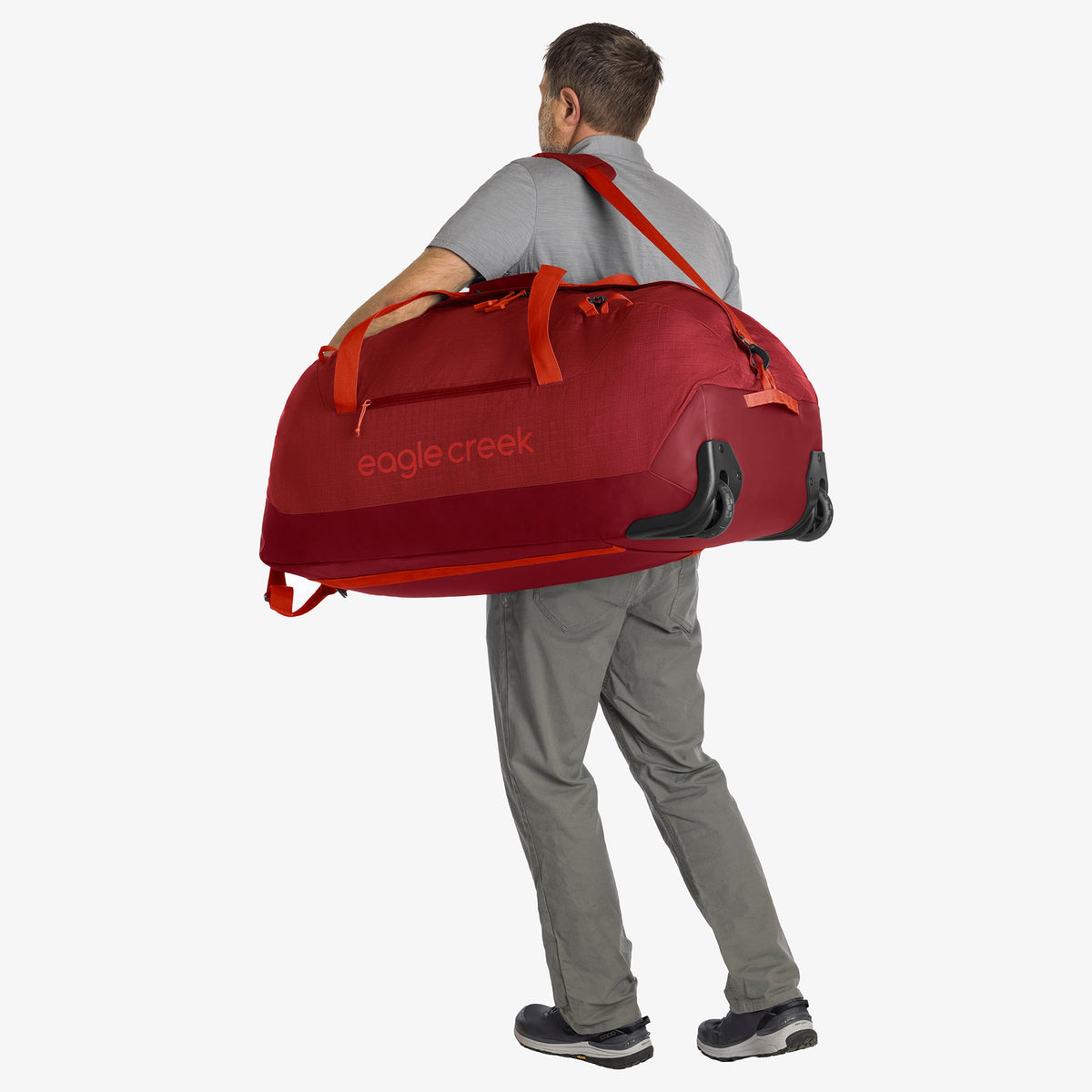 Eagle Creek No Matter What 120L Rolling Duffel Bag in Cranberry Red — detail view # color_Cranberry Red