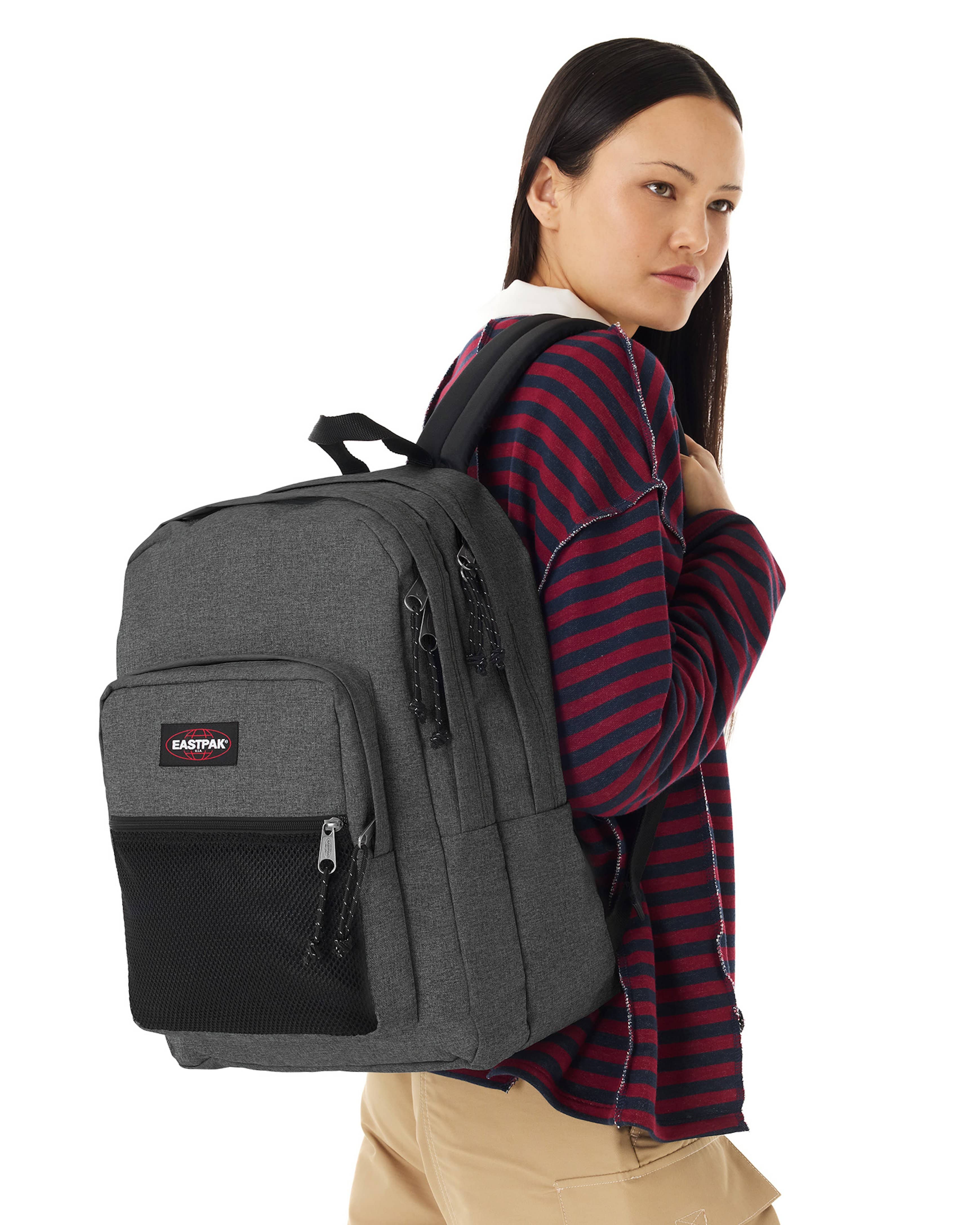 Eastpak Pinnacle Backpack 38L in Black Denim — lifestyle # color_Black Denim