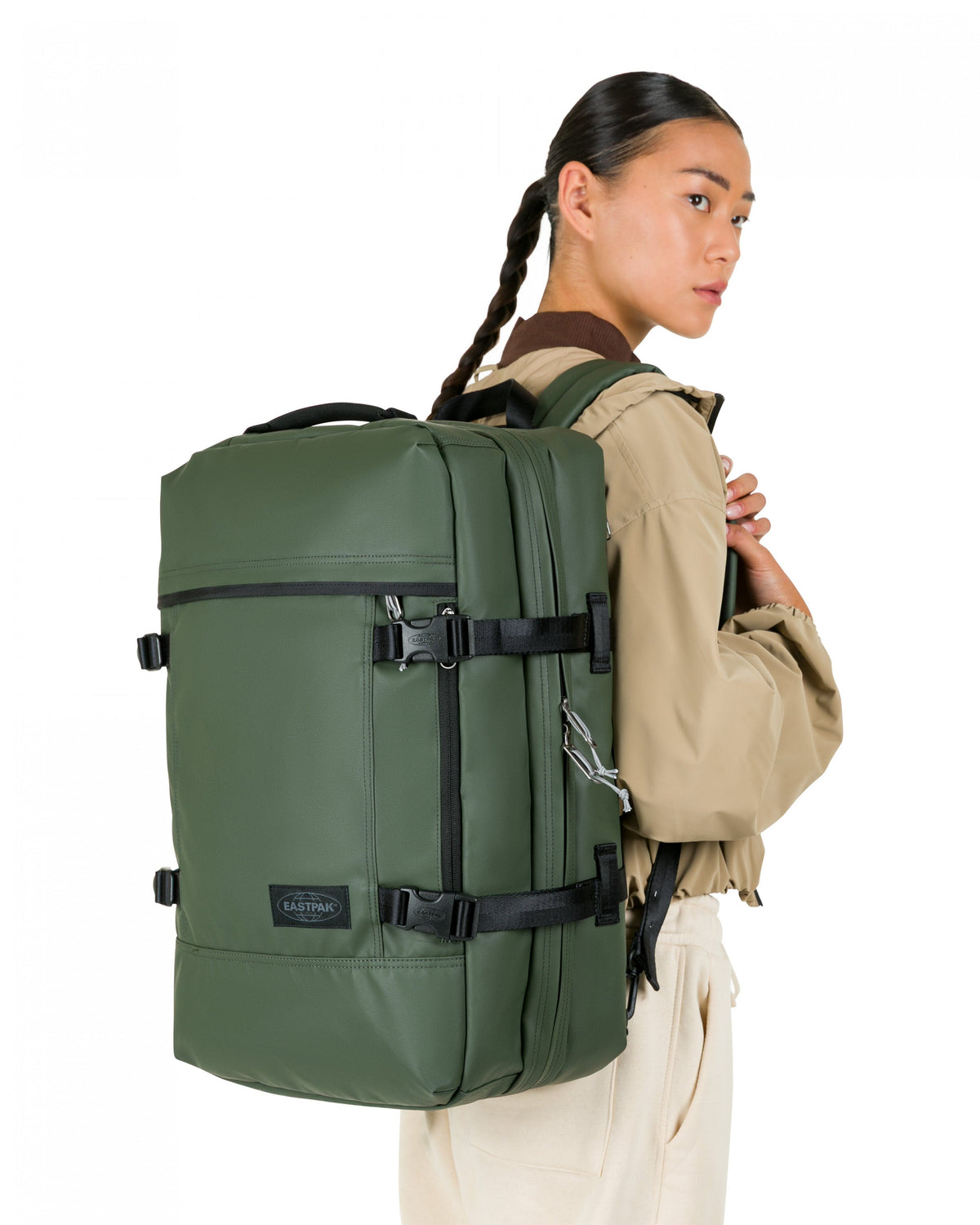 Eastpak Travelpack Backpack Tarp Edition 42L in Tarp Forest — lifestyle