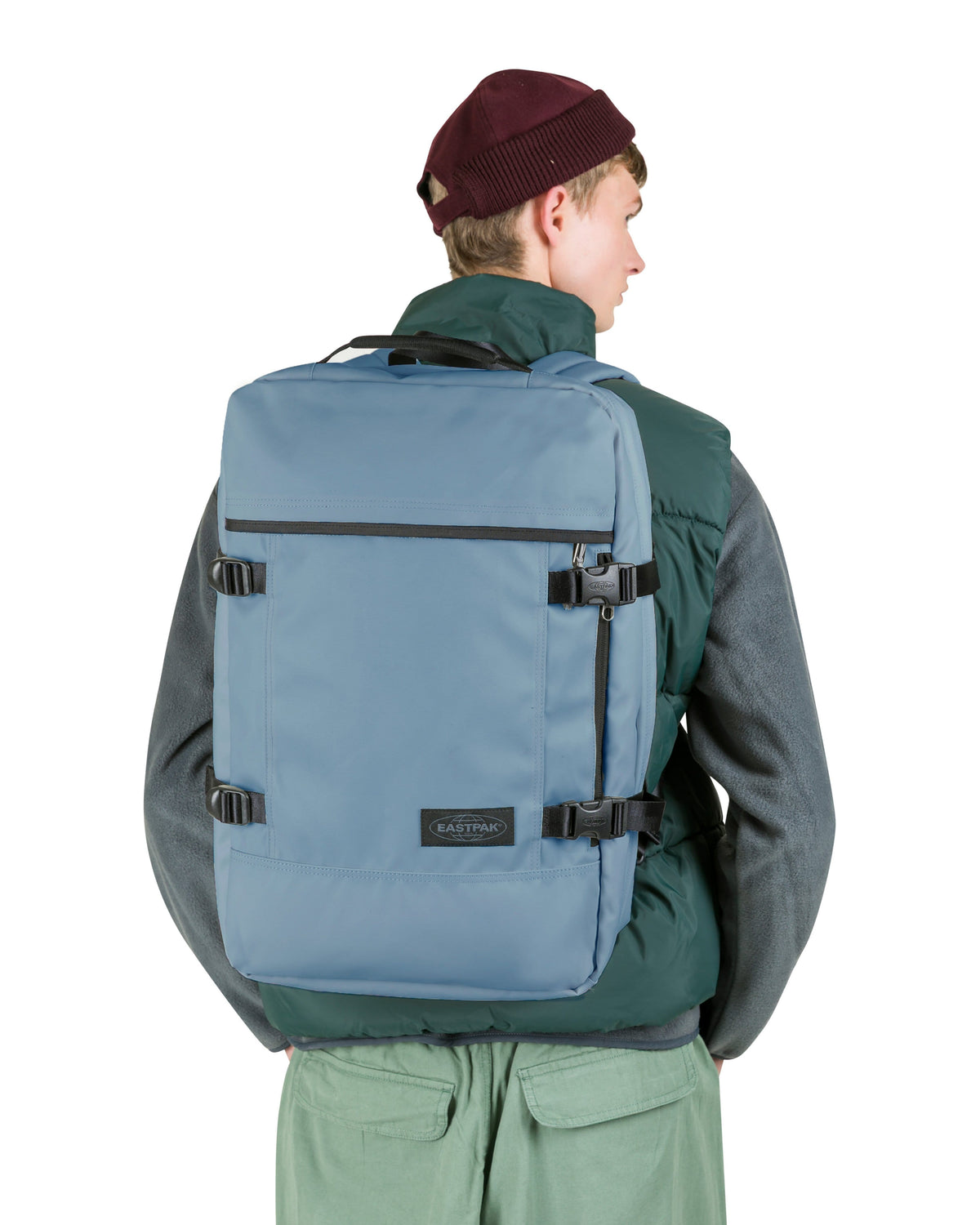 Eastpak Travelpack Backpack Tarp Edition 42L in Tarp Dust Blue — lifestyle