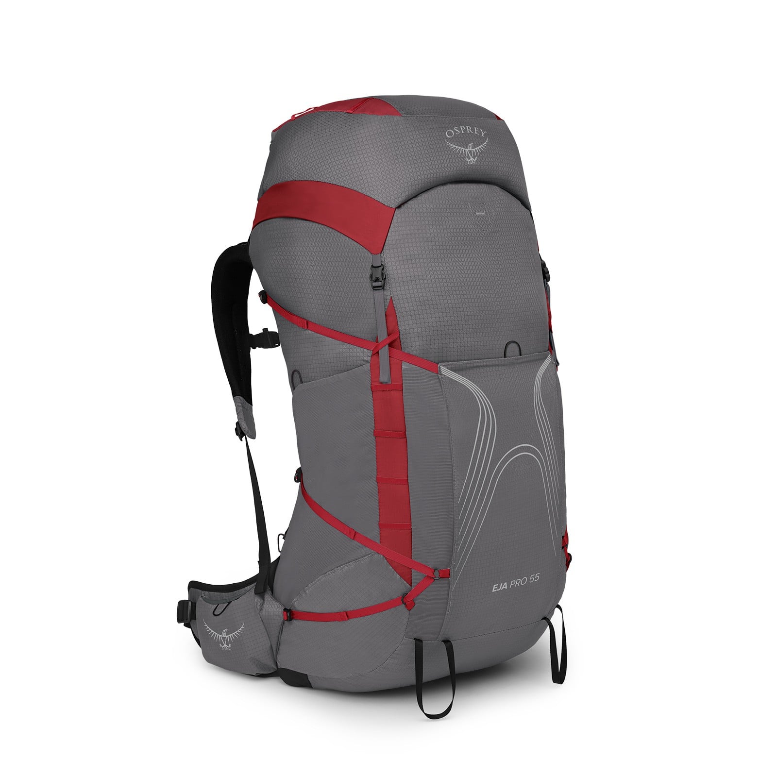 Osprey Eja Pro 55 Women's Backpacking Pack 55L in Dale Grey/Poinsettia Red — angle view 2