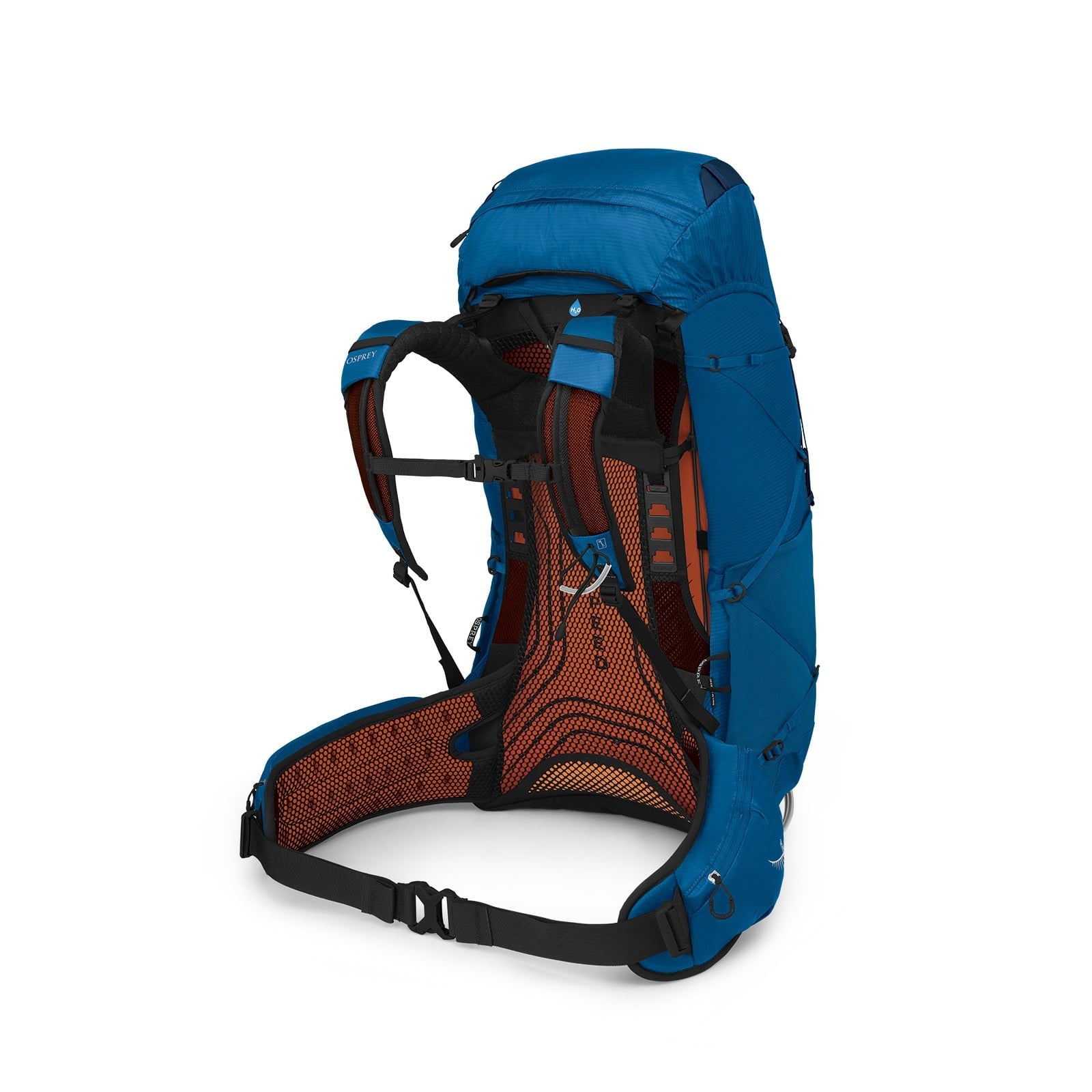 Osprey Exos 58 Extended Fit Backpacking Pack 58L in Blue Ribbon — angle view 3
