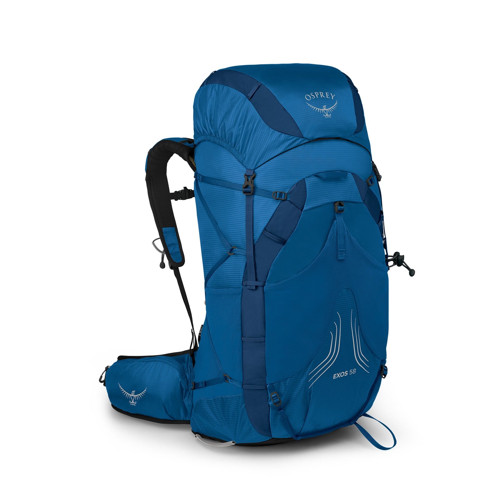 Osprey Exos 58 Extended Fit Backpacking Pack 58L in Blue Ribbon — front view