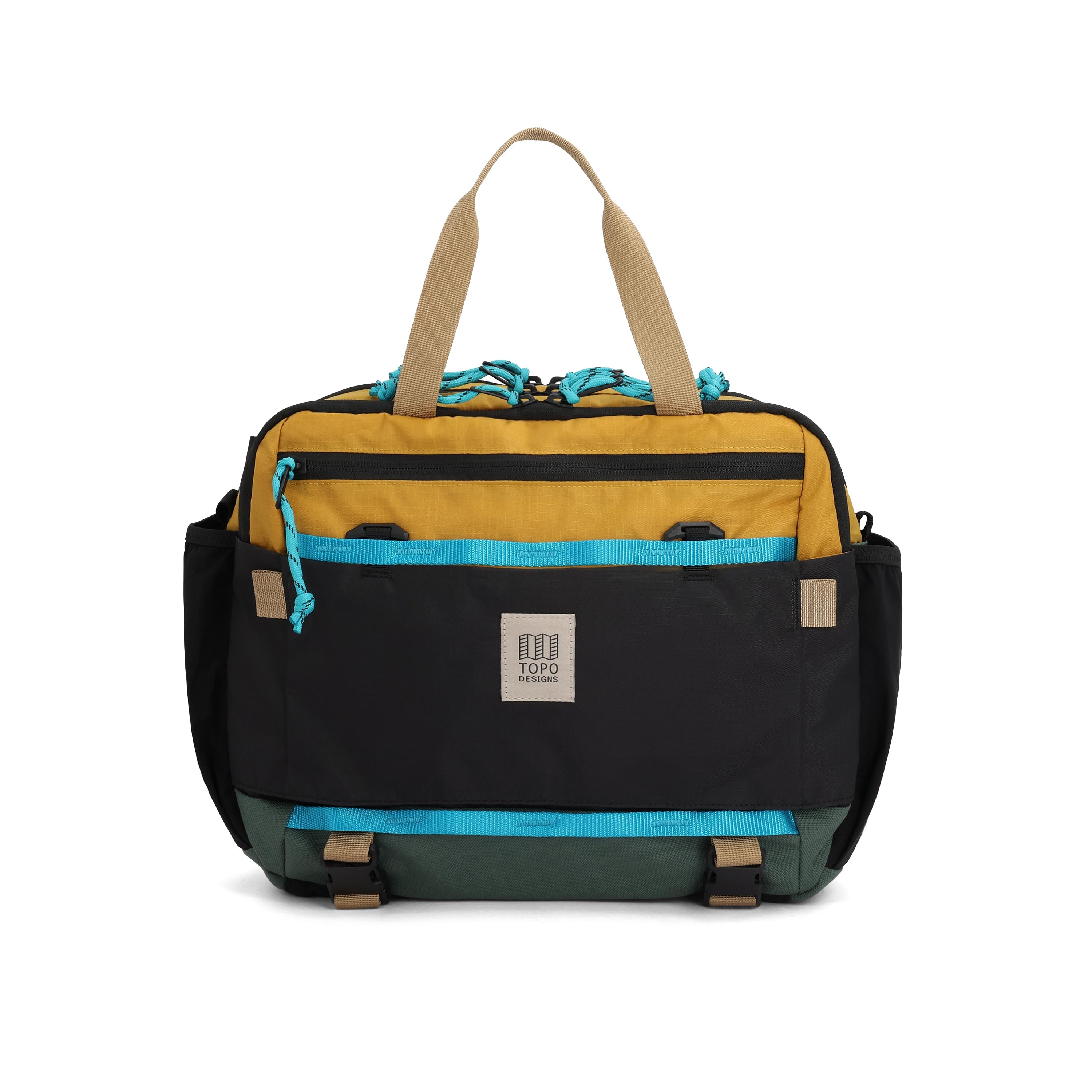 Topo Designs Mountain Cross Bag in Mustard Forest — angle view 2 # color_Mustard Forest