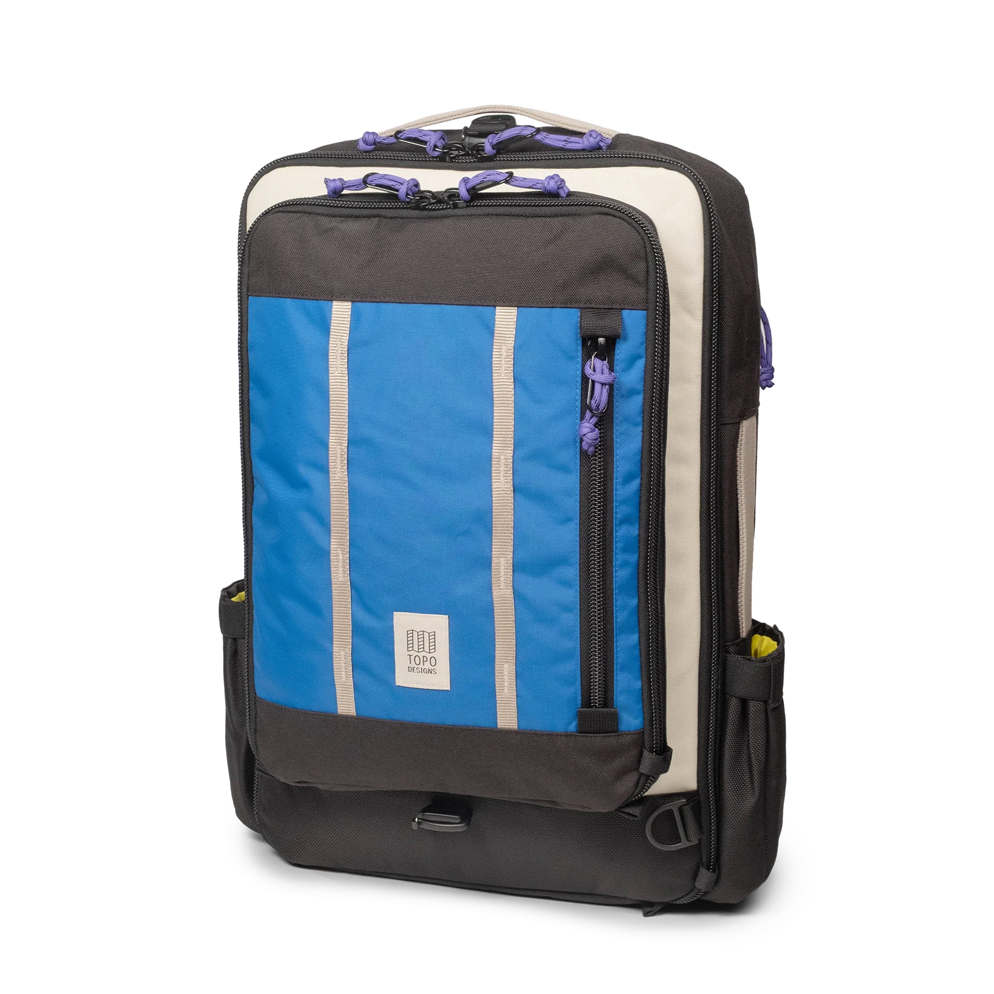Topo Designs Global Travel Bag 30L in Classic Blue Bone White — angle view 2 # color_Classic Blue Bone White