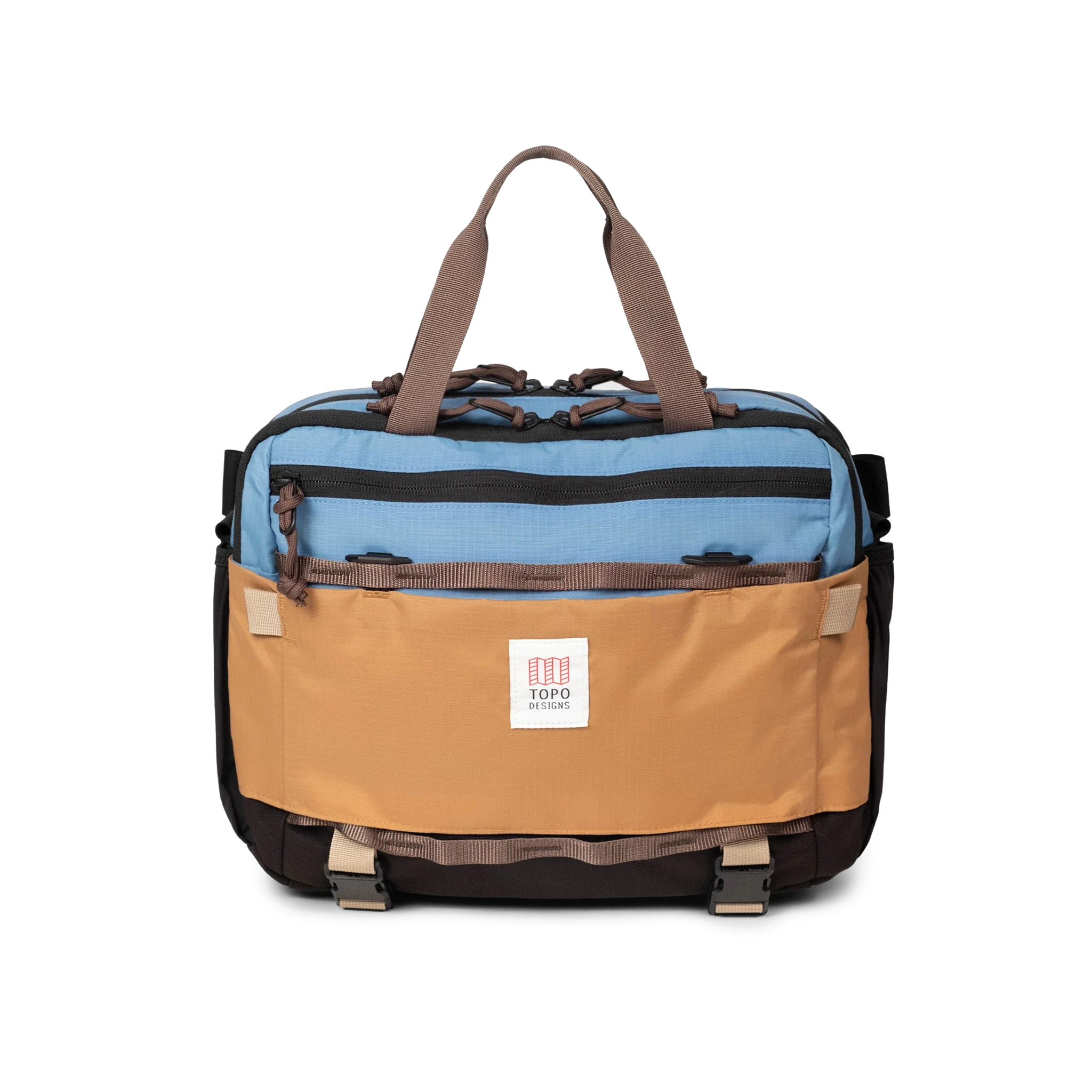 Topo Designs Mountain Cross Bag in River Blue Brown Oak — angle view 2 # color_River Blue Brown Oak