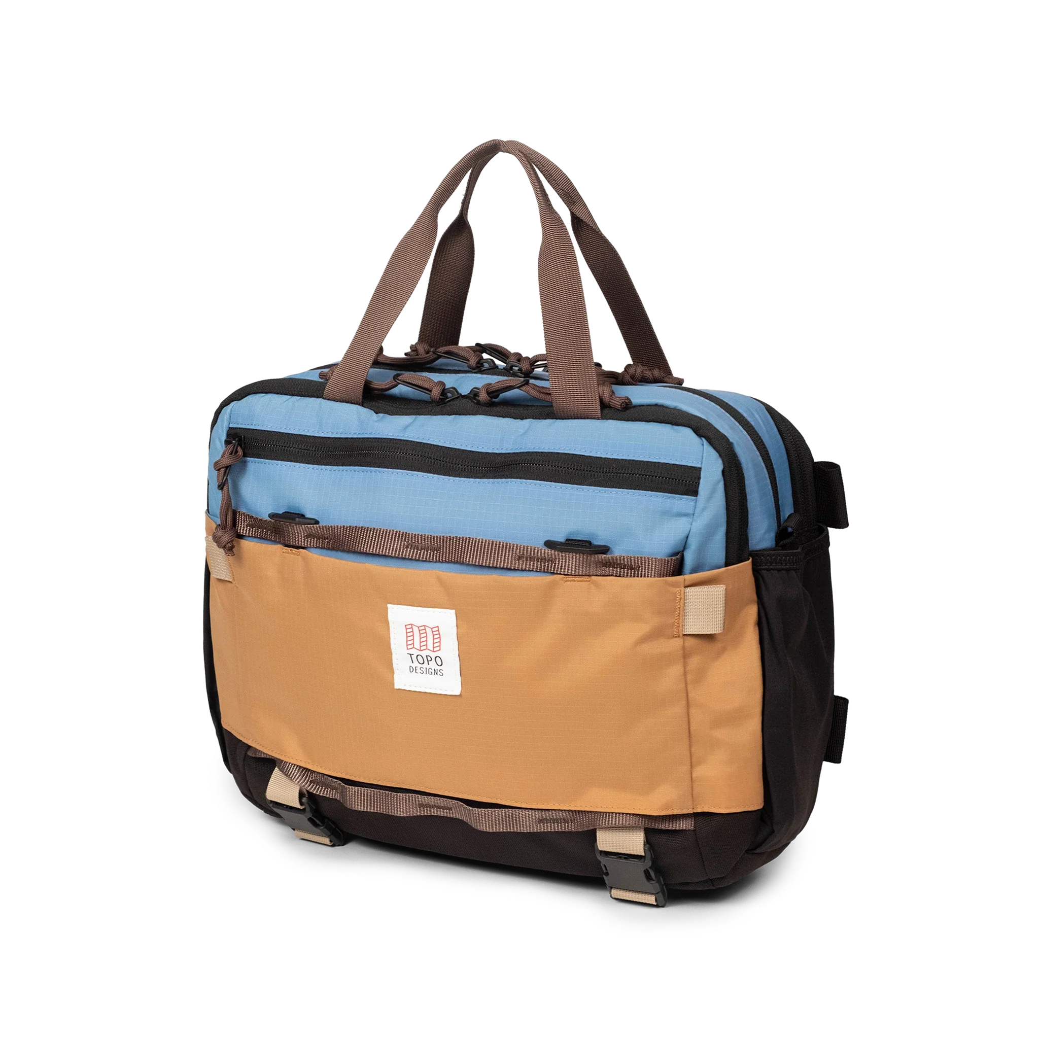 Topo Designs Mountain Cross Bag in River Blue Brown Oak — front view # color_River Blue Brown Oak