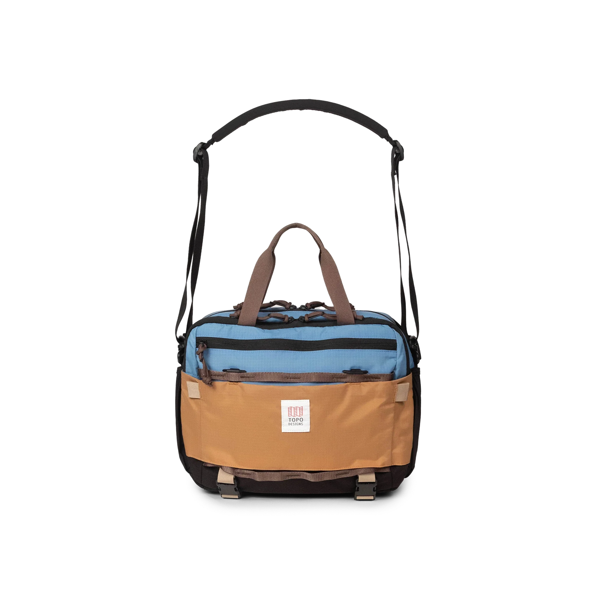 Topo Designs Mountain Cross Bag in River Blue Brown Oak — angle view 3 # color_River Blue Brown Oak