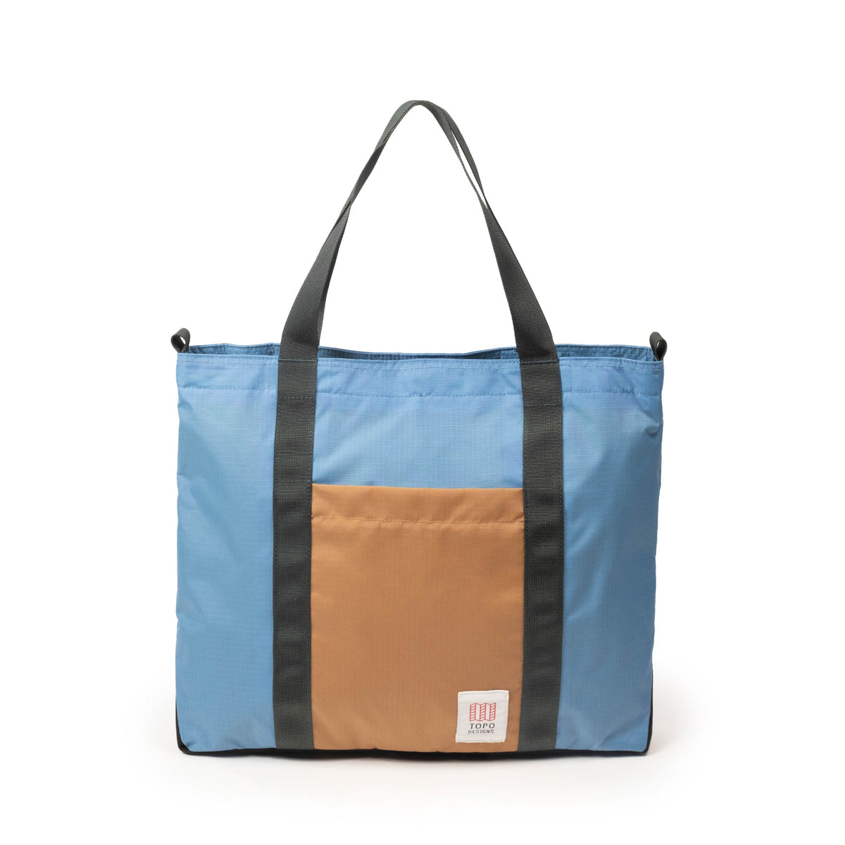 Topo Designs Mountain Essential Tote in River Blue Brown Oak — front view # color_River Blue Brown Oak