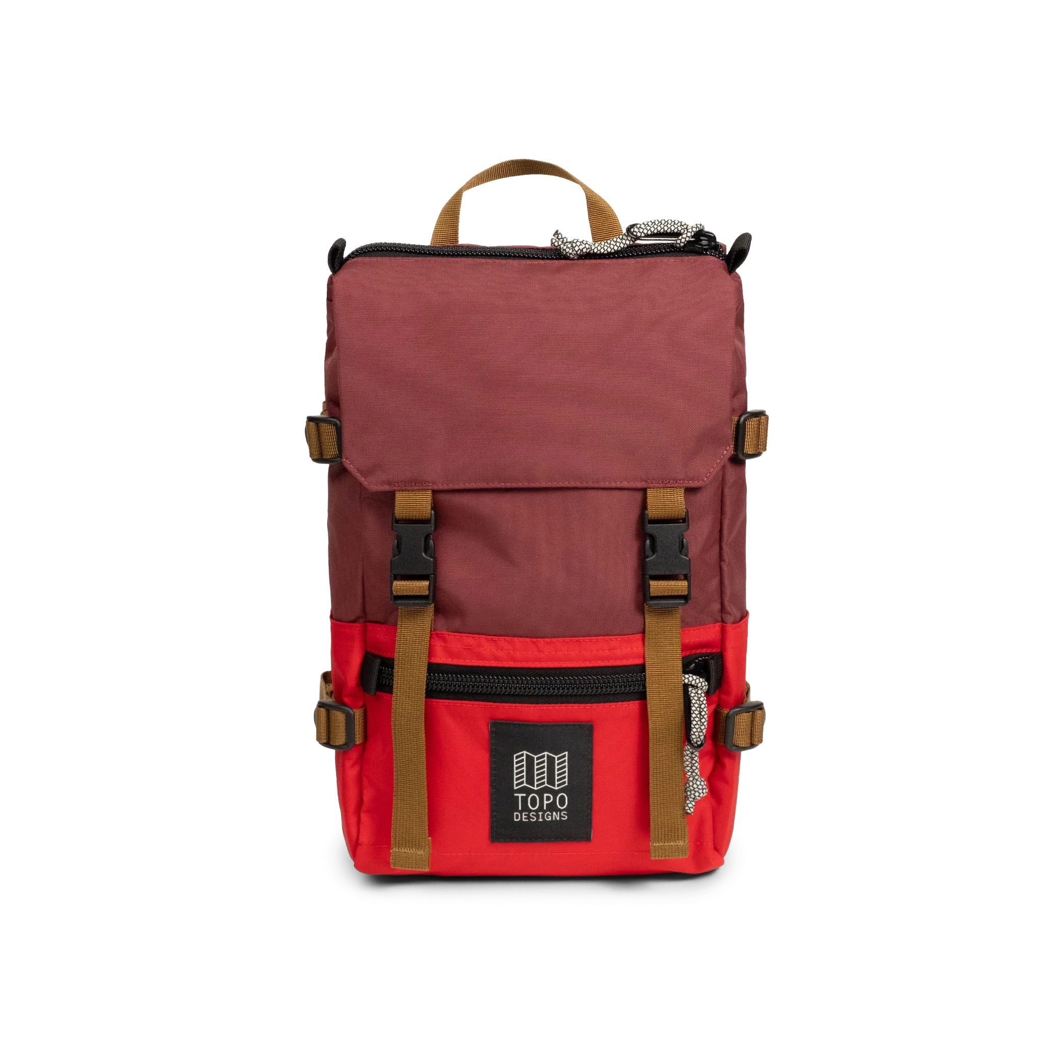 Topo Designs Rover Pack Mini in Maroon Salsa — angle view 2 # color_Maroon Salsa