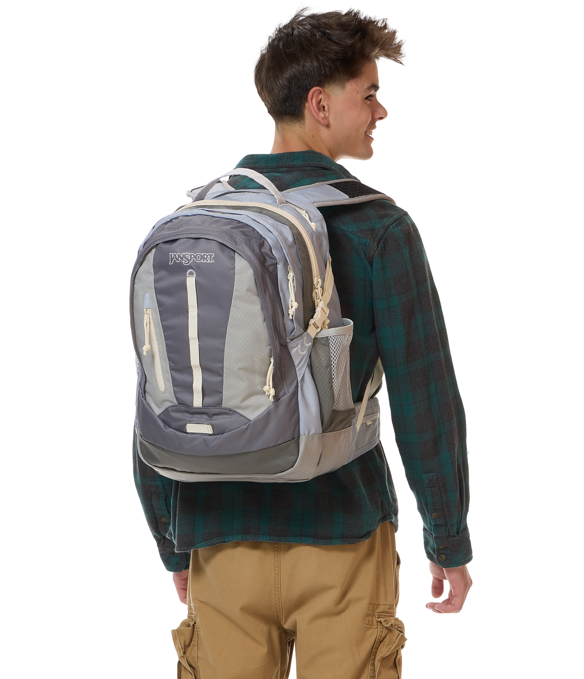 JanSport Odyssey Backpack in Grounded Grey — lifestyle
