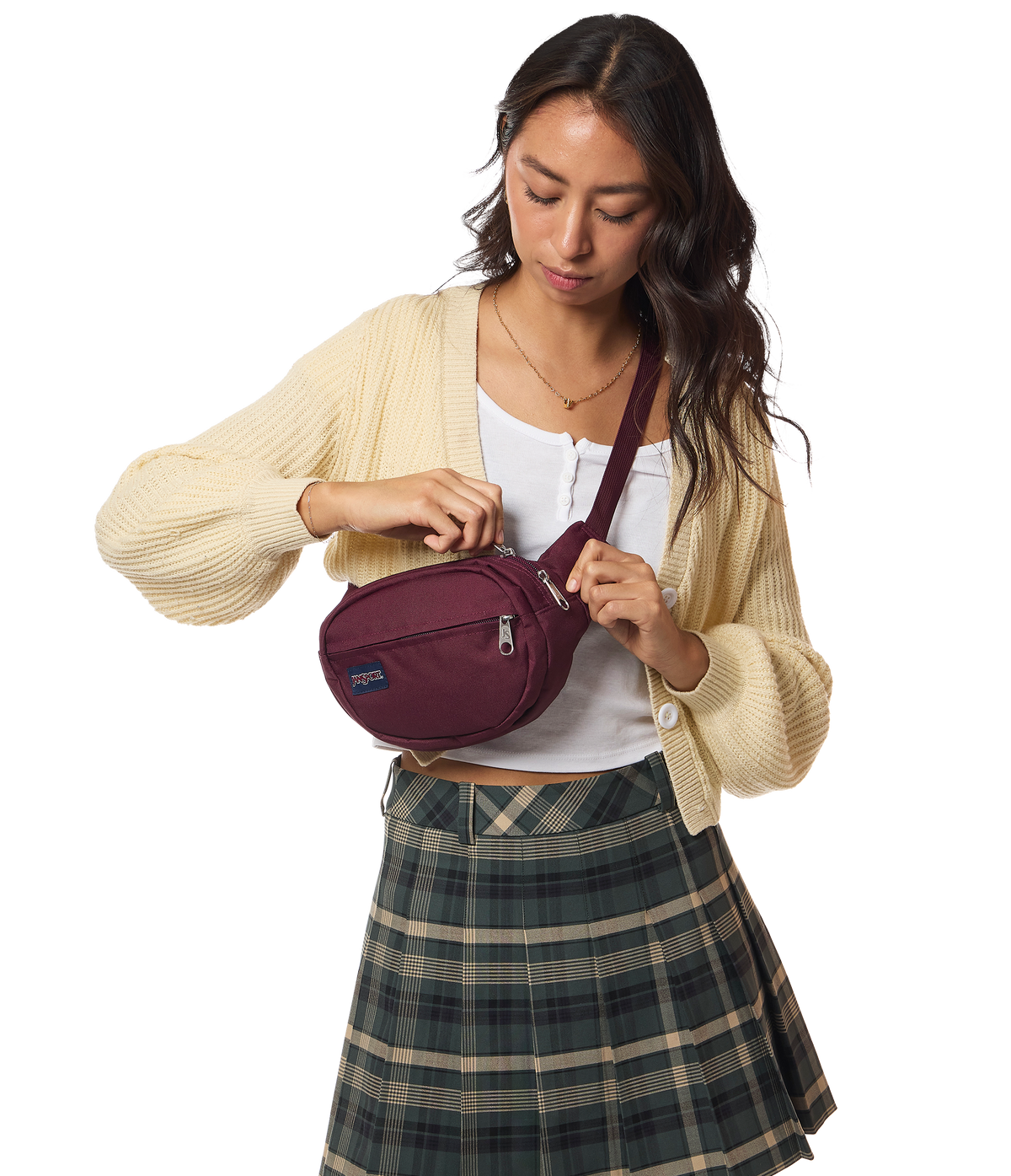 JanSport Fifth Avenue Fanny Pack in Cherry Lacquer — lifestyle