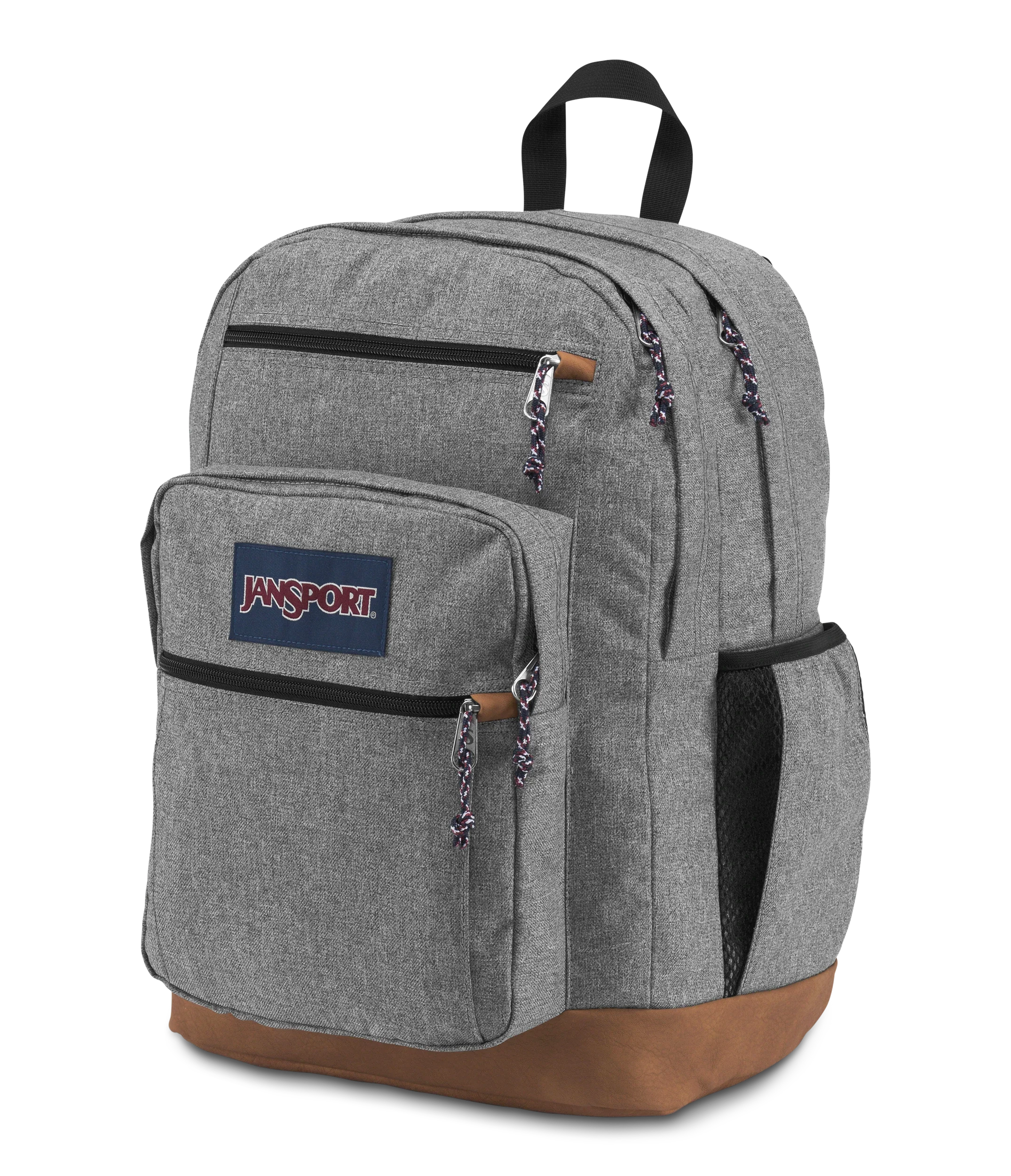 JanSport Cool Student Backpack 34L in Grey Letterman Poly — angle view 2 # color_Grey Letterman Poly