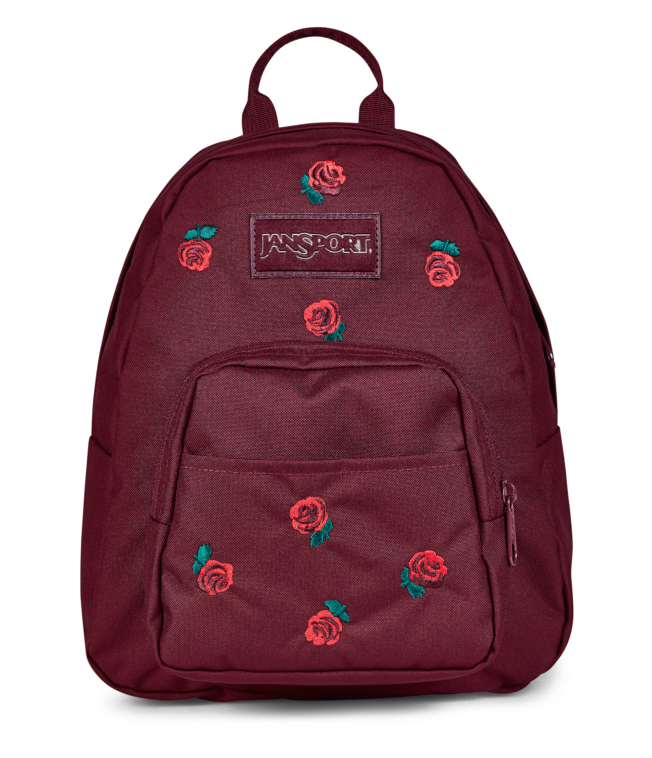 JanSport Half Pint FX in Just A Rose Embroidery Cherry Lacquer — front view