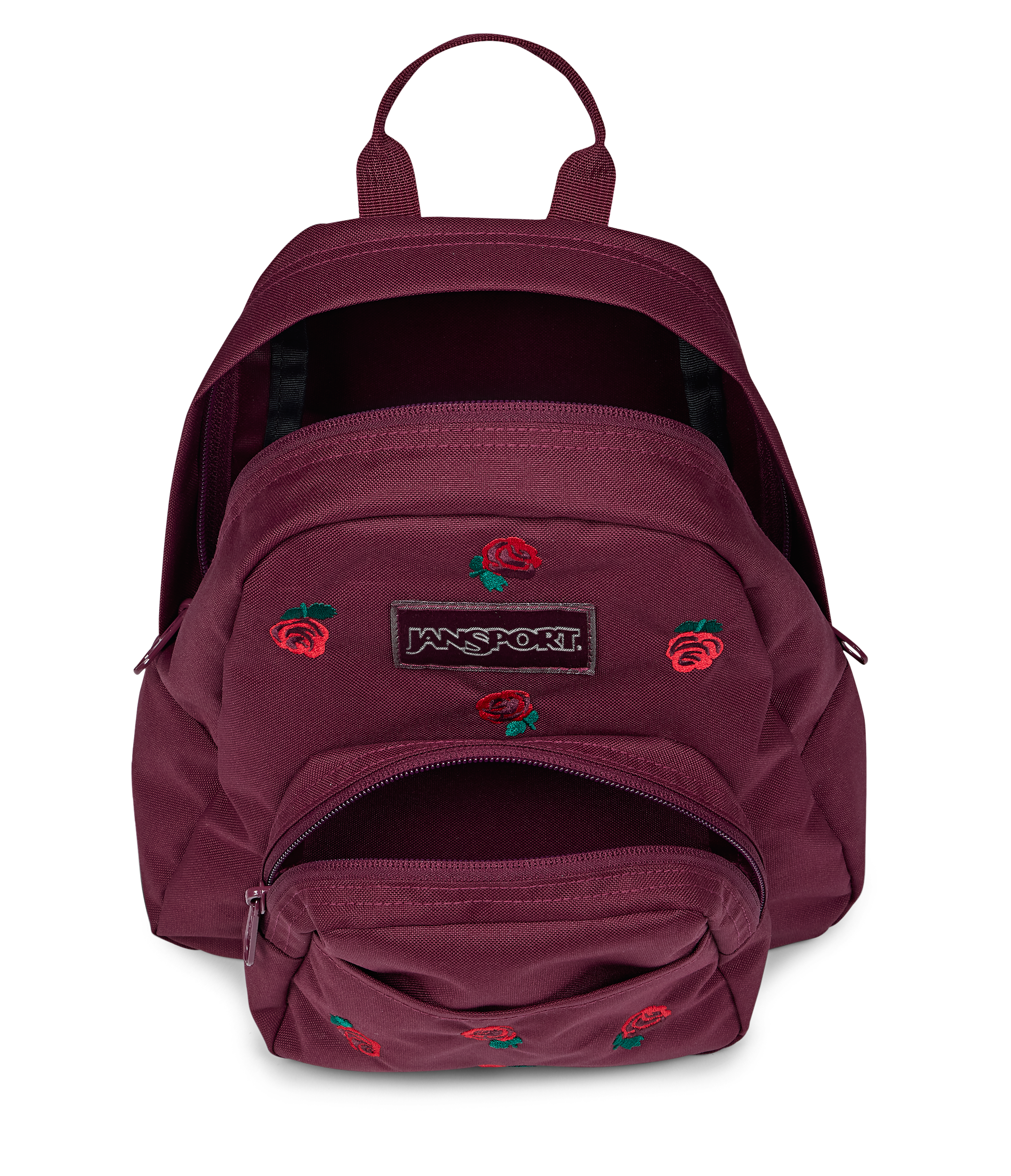 JanSport Half Pint FX in Just A Rose Embroidery Cherry Lacquer — angle view 2
