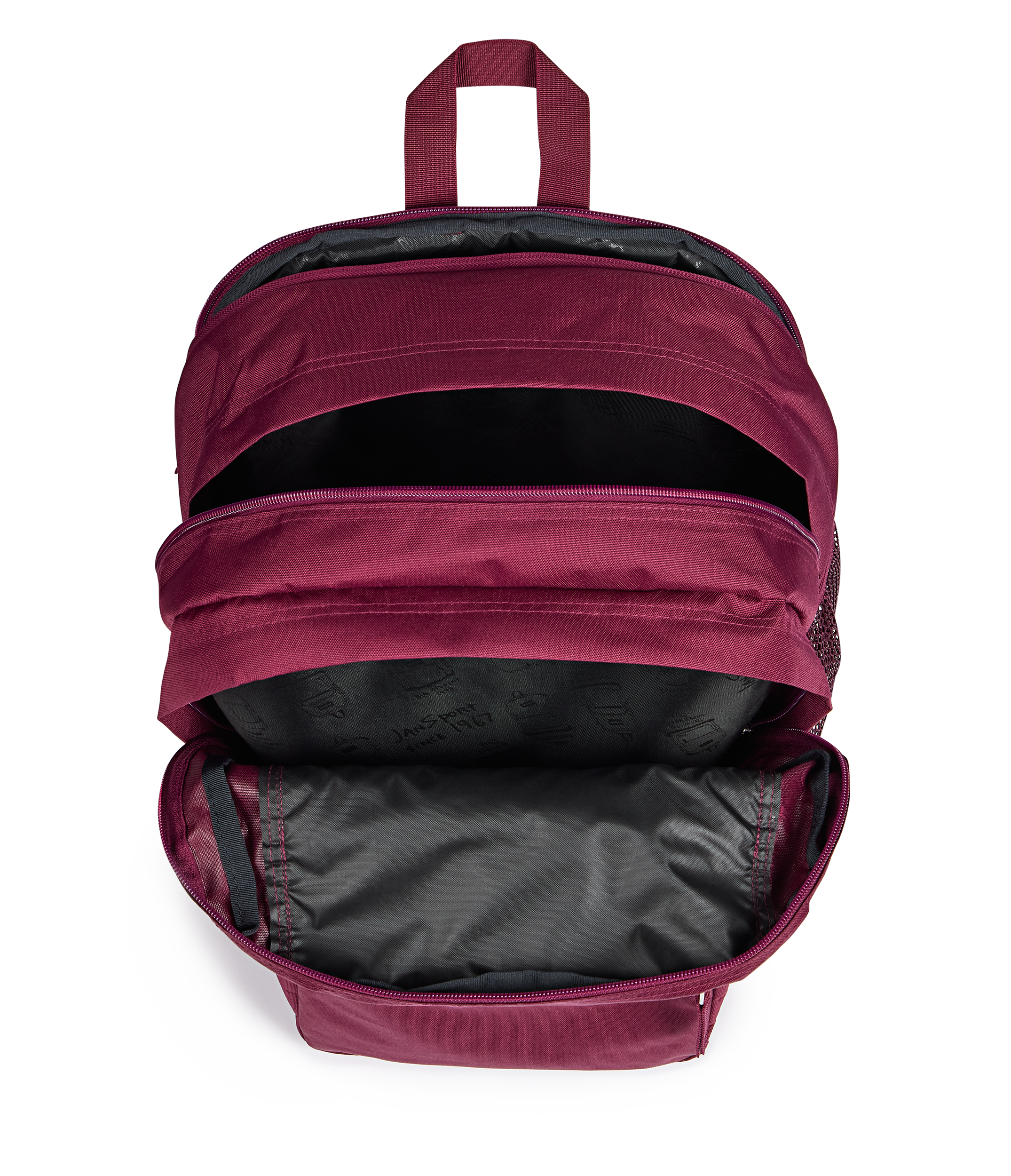 JanSport Big Student Backpack 34L in Cherry Lacquer — interior view # color_Cherry Lacquer