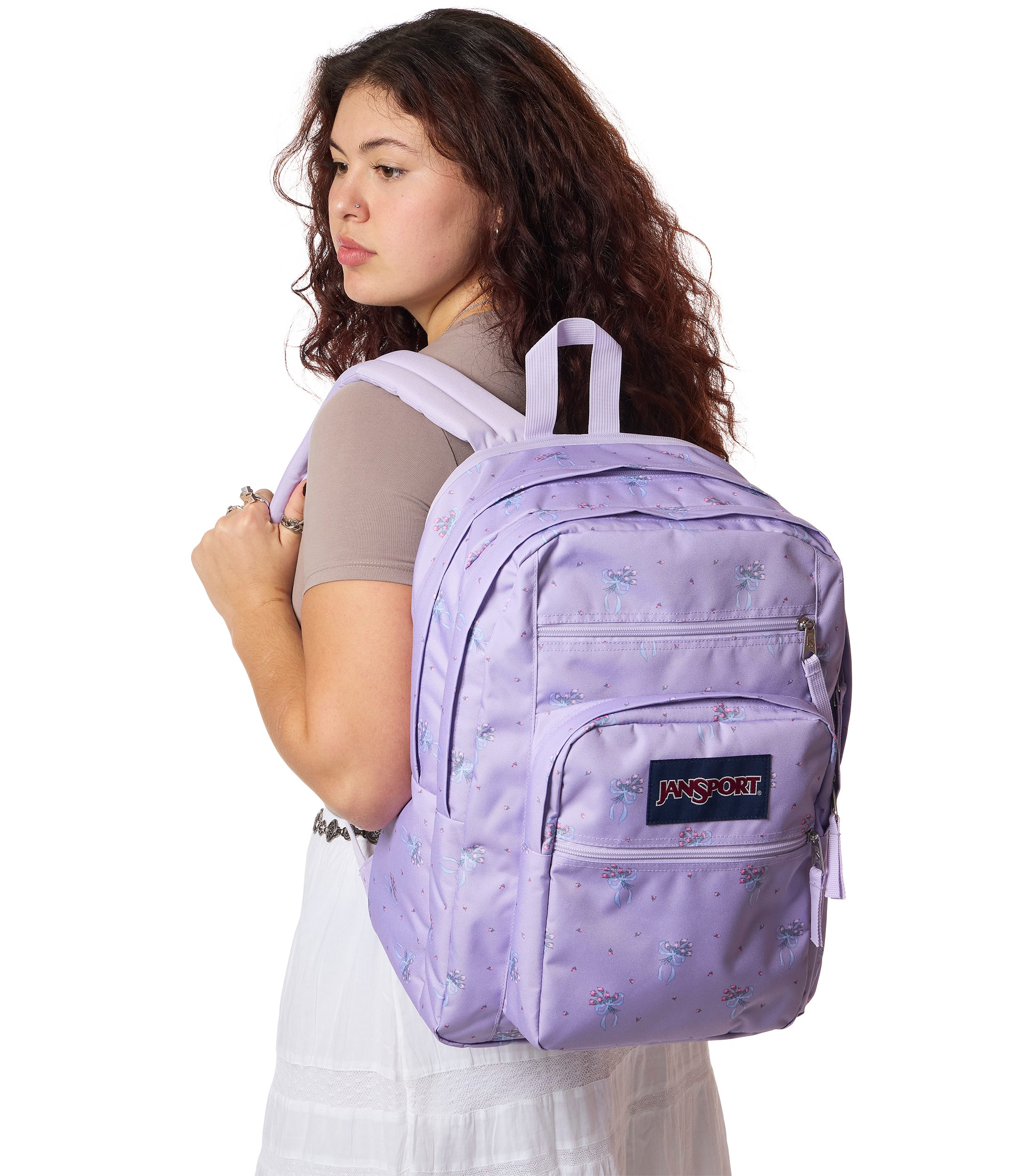 JanSport Big Student Backpack 34L in Pastel Petals Lilac — lifestyle # color_Pastel Petals Lilac