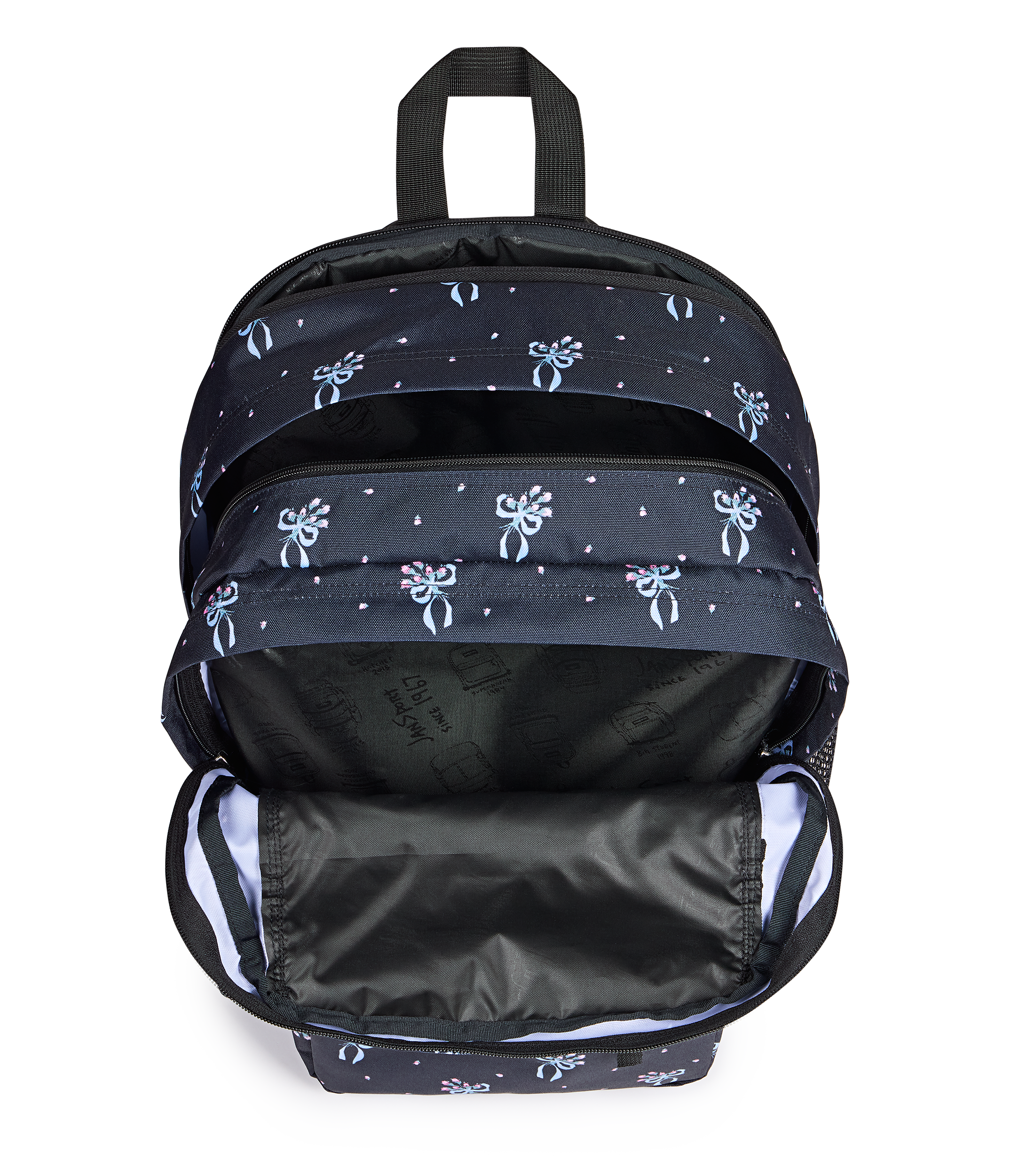 JanSport Big Student Backpack 34L in Pastel Petals Black — interior view # color_Pastel Petals Black
