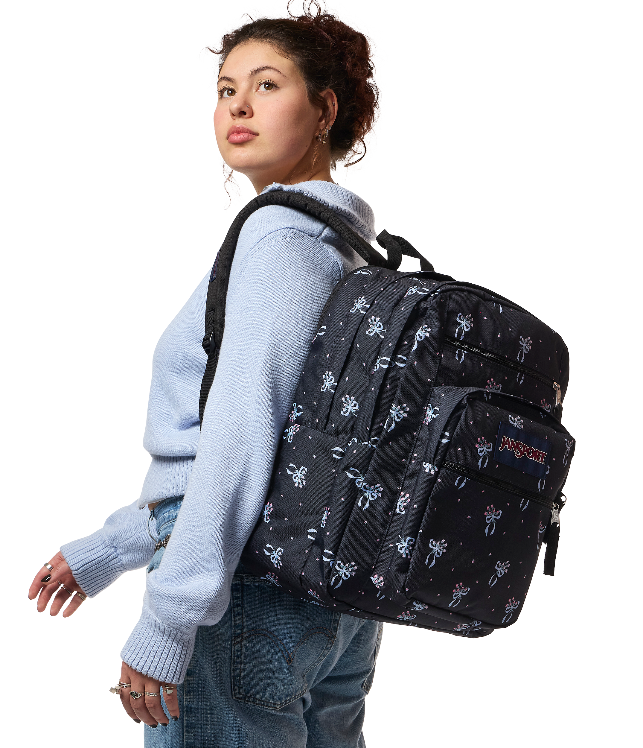 JanSport Big Student Backpack 34L in Pastel Petals Black — lifestyle # color_Pastel Petals Black