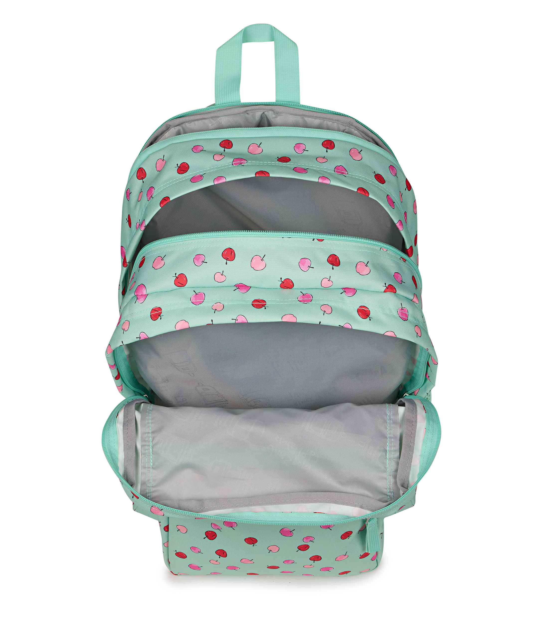 JanSport Big Student Backpack 34L in Apple Orchard Magic Mint — interior view # color_Apple Orchard Magic Mint