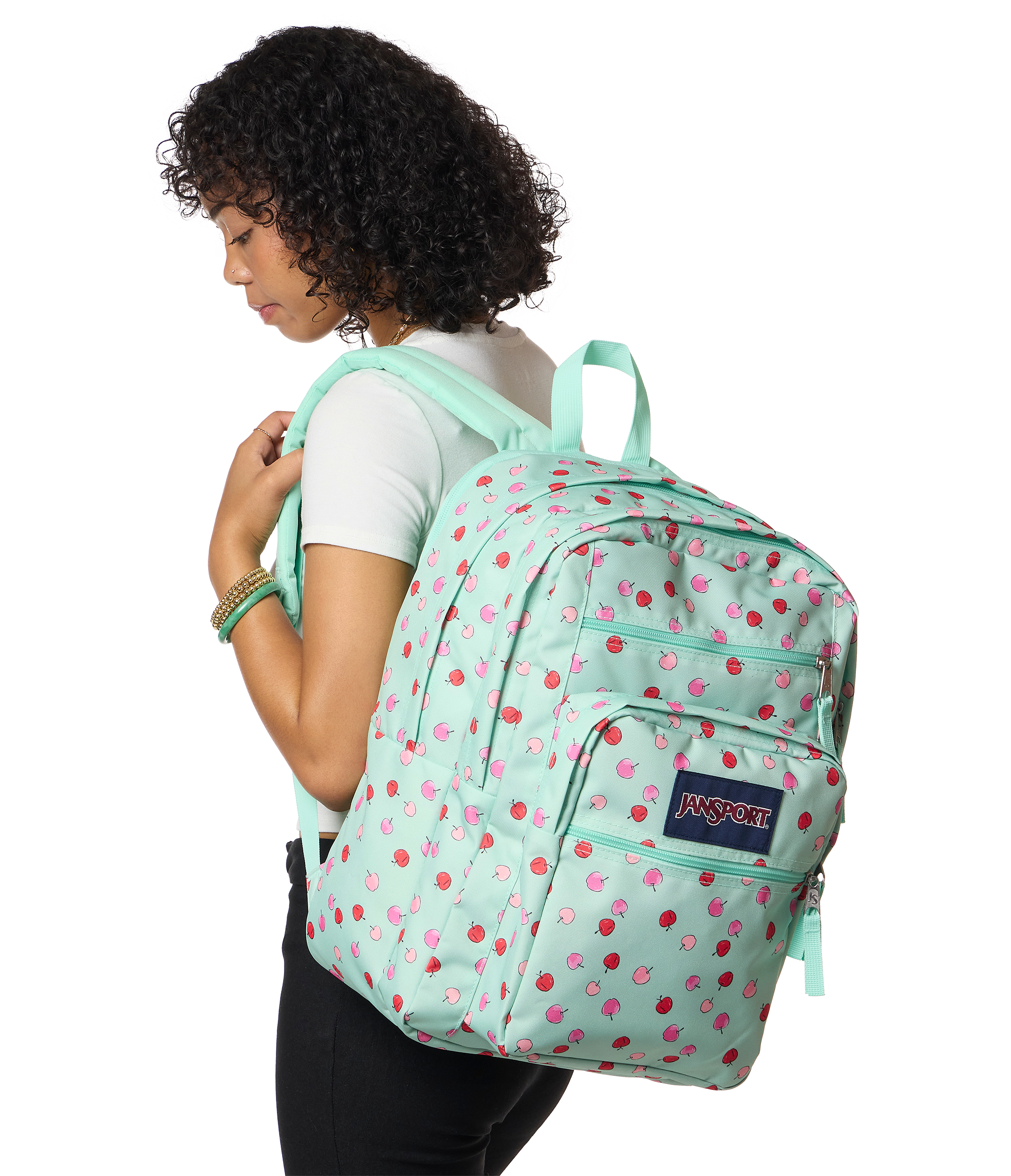 JanSport Big Student Backpack 34L in Apple Orchard Magic Mint — lifestyle # color_Apple Orchard Magic Mint