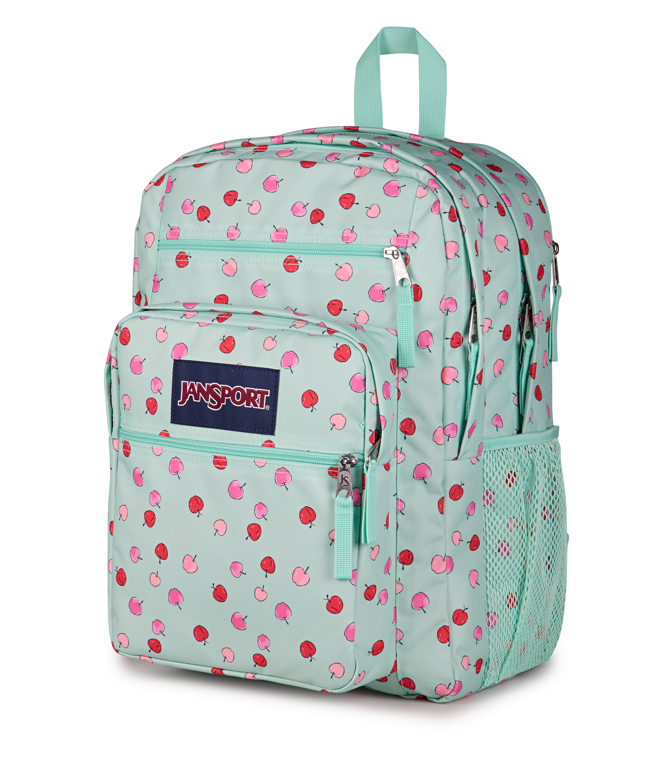 JanSport Big Student Backpack 34L in Apple Orchard Magic Mint — angle view 2 # color_Apple Orchard Magic Mint