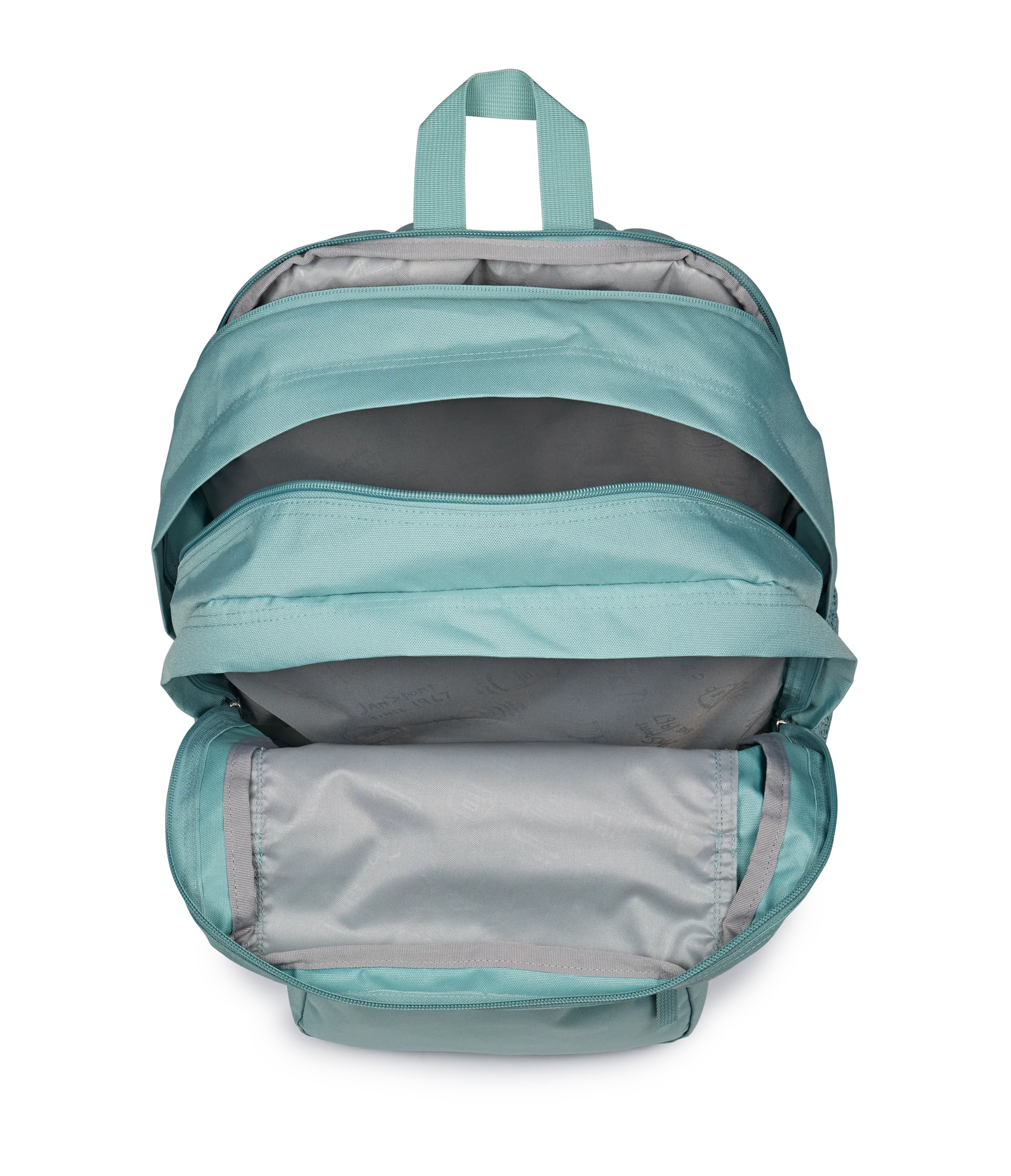 JanSport Big Student Backpack 34L in Faded Sage — interior view # color_Faded Sage