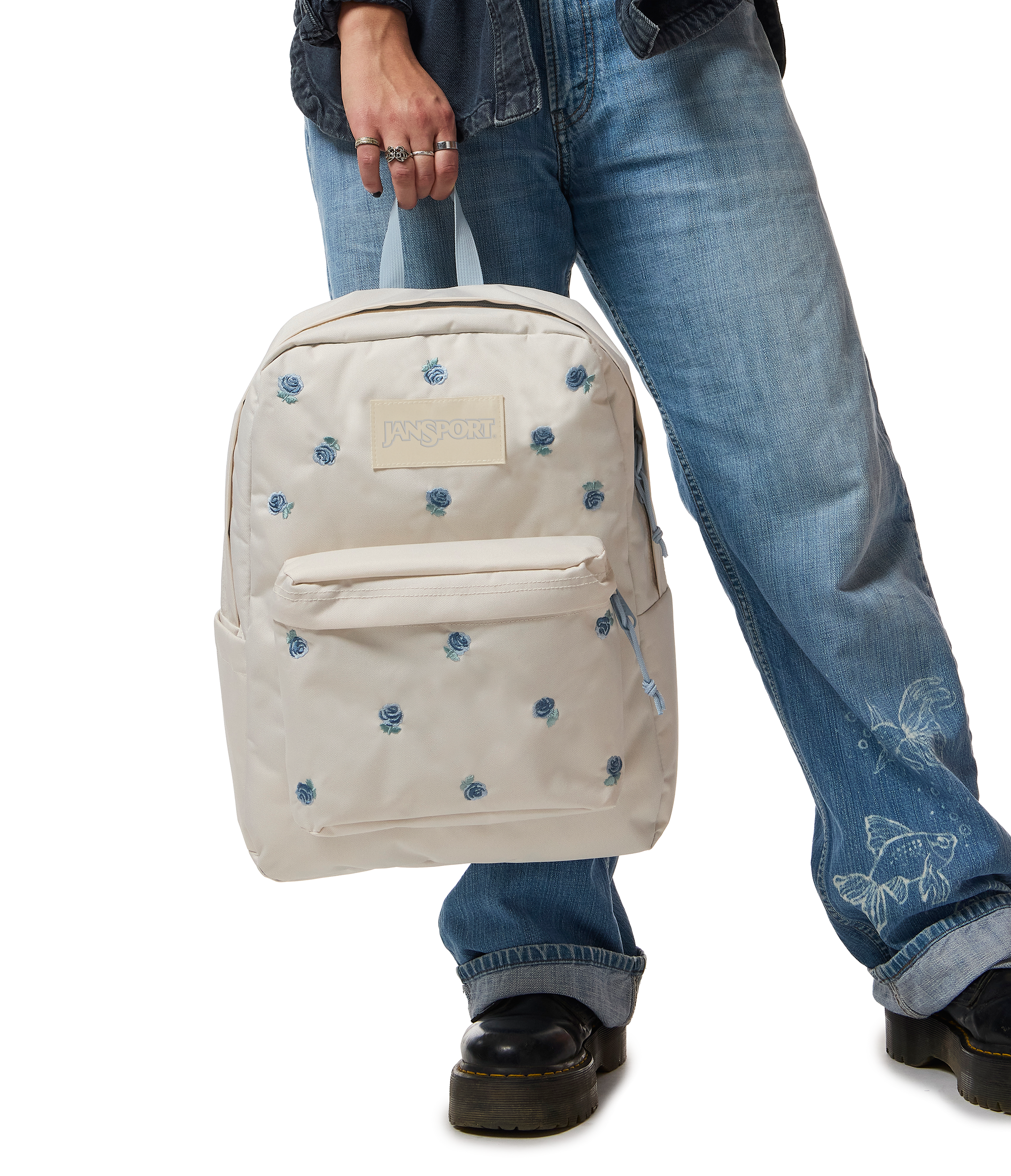 JanSport Superbreak Plus FX in Just A Rose Embroidery Moon Flower — angle view 2
