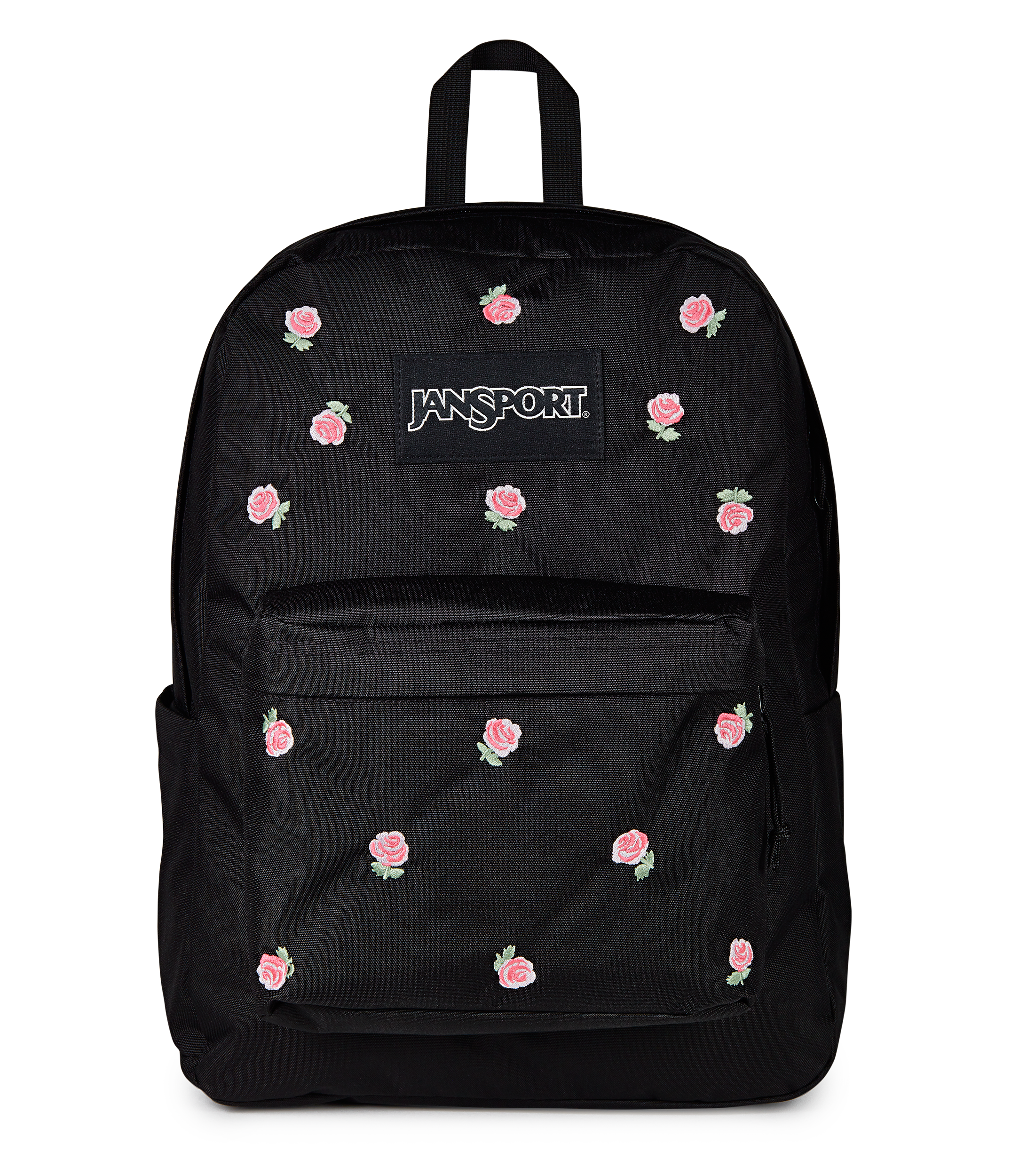 JanSport Superbreak Plus FX in Just A Rose Embroidery Black — front view