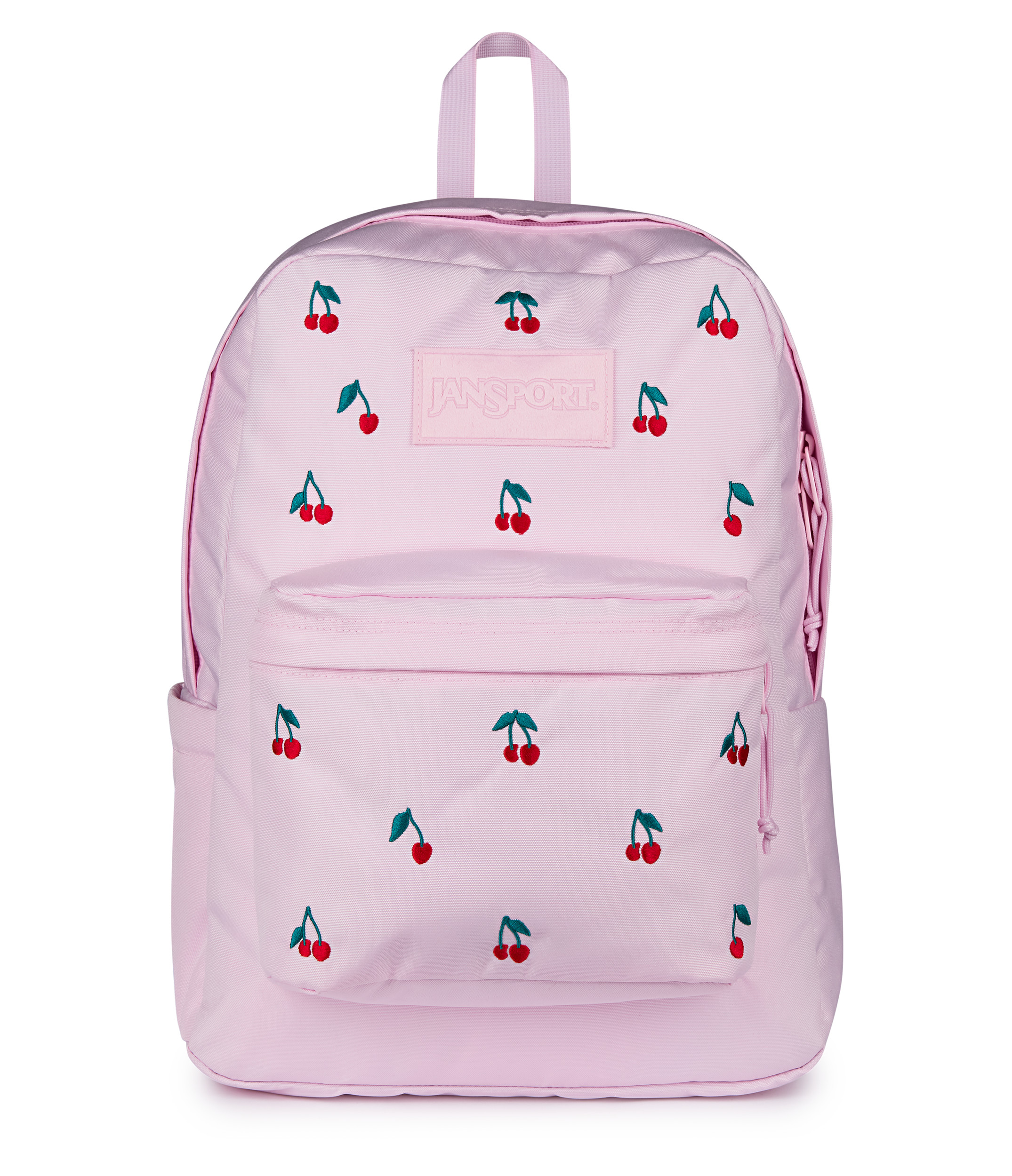 JanSport Superbreak Plus FX in Pink Ice Cherry Embroidery — front view