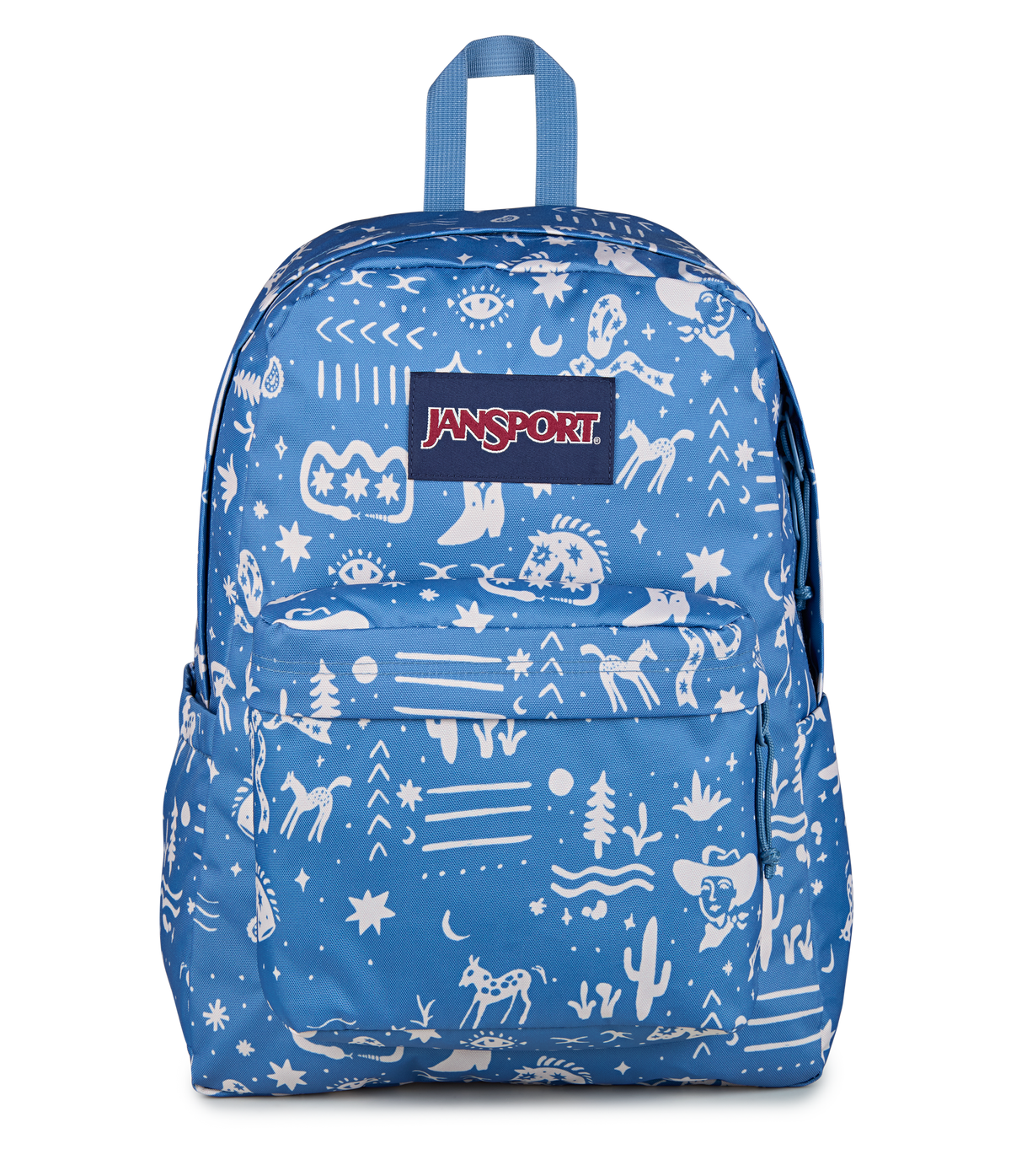 JanSport SuperBreak Plus Iconic Style in Yeehaw and Horse Elemental Blue — front view # color_Yeehaw and Horse Elemental Blue