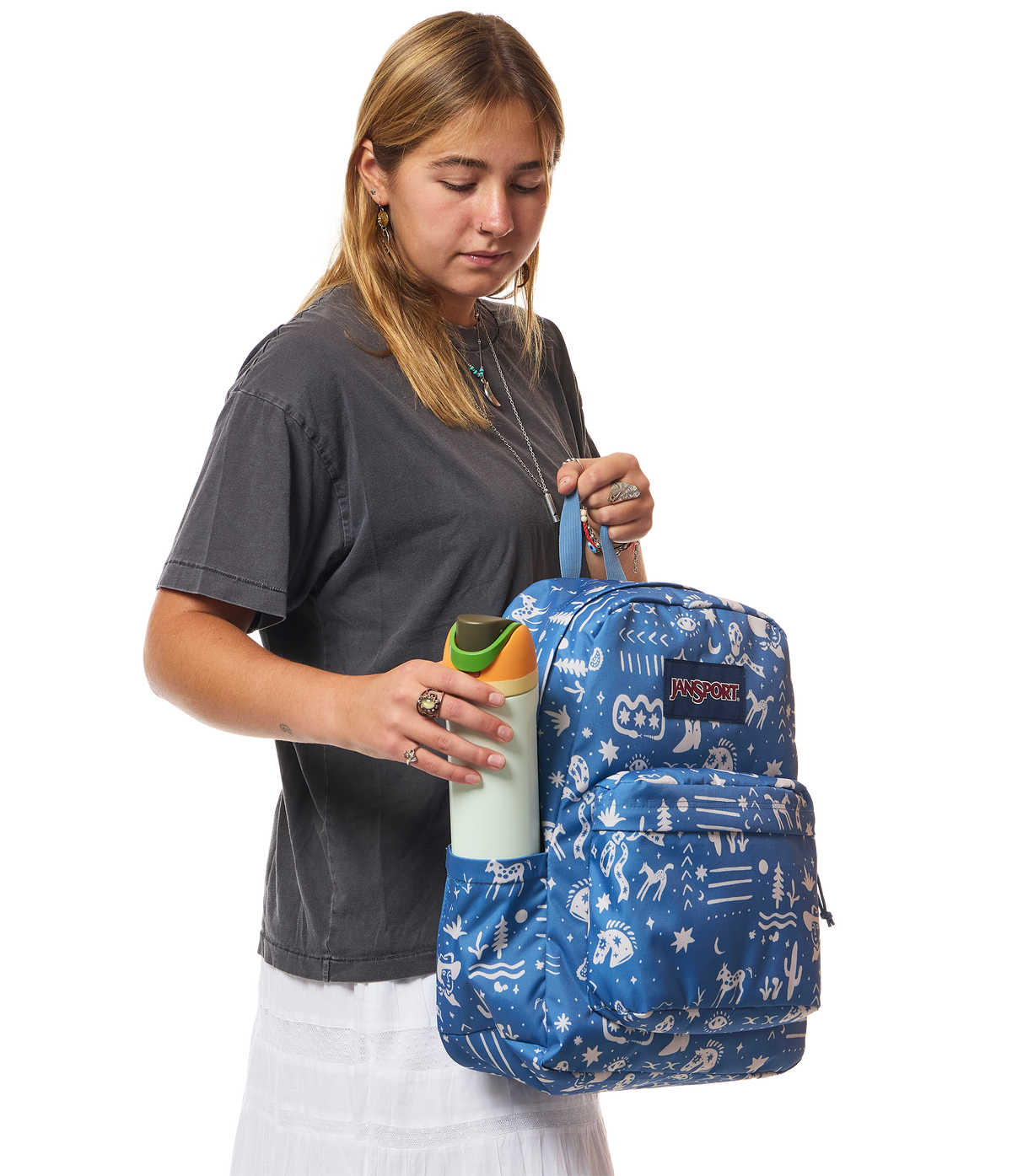 JanSport SuperBreak Plus Iconic Style in Yeehaw and Horse Elemental Blue — lifestyle