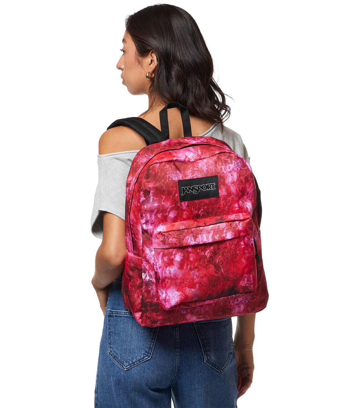 JanSport SuperBreak Plus Iconic Style in Afflicted Dyed Red — lifestyle