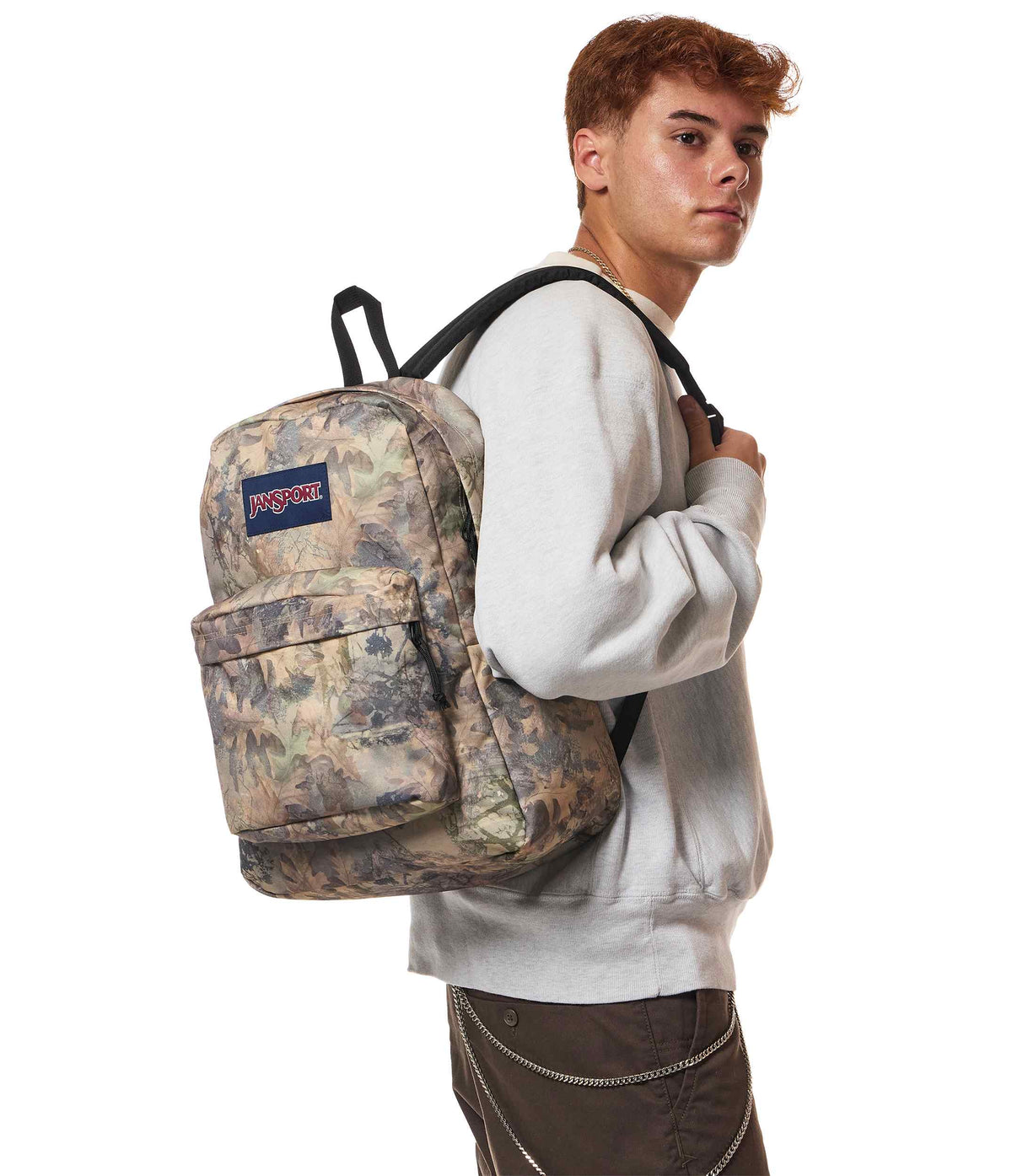 JanSport SuperBreak Plus Iconic Style in Bogcore Camo — lifestyle