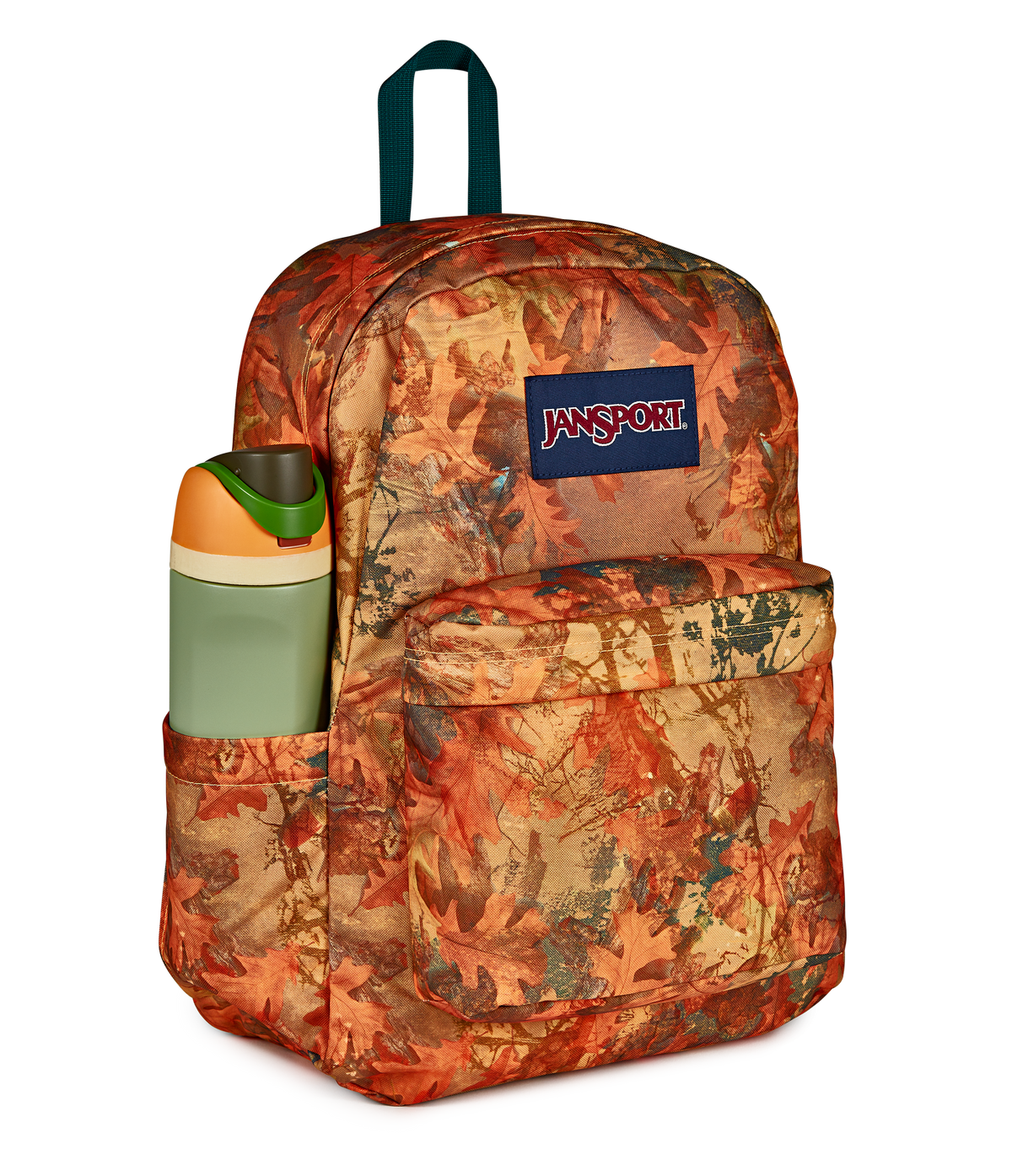 JanSport SuperBreak Plus Iconic Style in Bogcore Camo Orange — detail view
