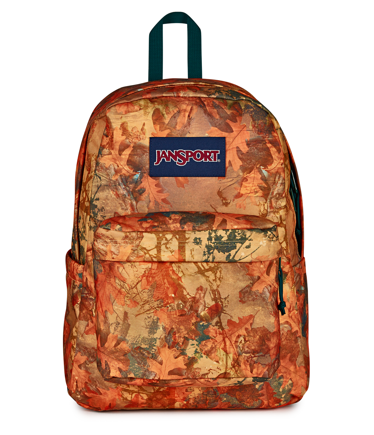 JanSport SuperBreak Plus Iconic Style in Bogcore Camo Orange — front view # color_Bogcore Camo Orange